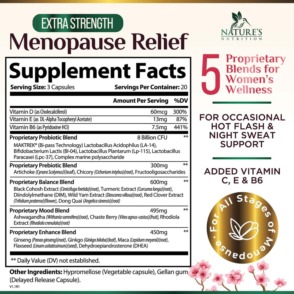 Menopause Supplement for Women - Natural Menopause Relief Support for Mild Hot Flashes & Night Sweats - Best Probiotics for Women, Dong Quai, Black Cohosh, Ashwagandha - Bottled in USA - 60 Capsules Nature's Nutrition Au supplements