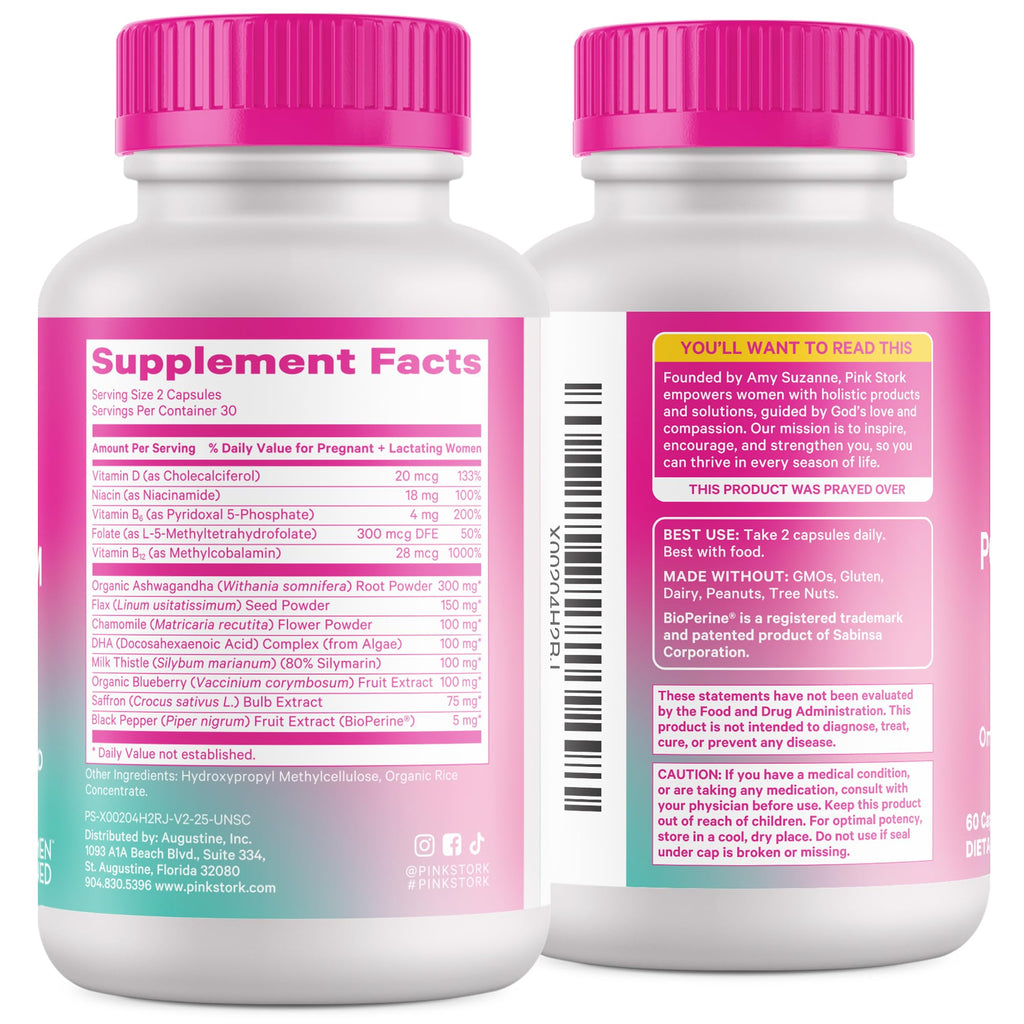 Pink Stork Postpartum Mood Support - Postnatal Hormone Balance for Women - Breastfeeding Friendly - Stress & Cognitive Support, New Mom Essentials - Ashwagandha, Chamomile, & Vitamin D, 60 Capsules Pink Stork Au supplements