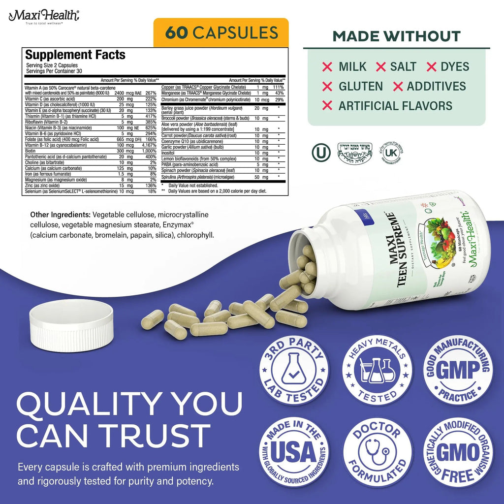 Teen Vitamins for Boys 12-17 - Teen Multivitamin Supreme with D3, Iron, Calcium, Biotin, Digestive Enzymes Maxi Health Au supplements