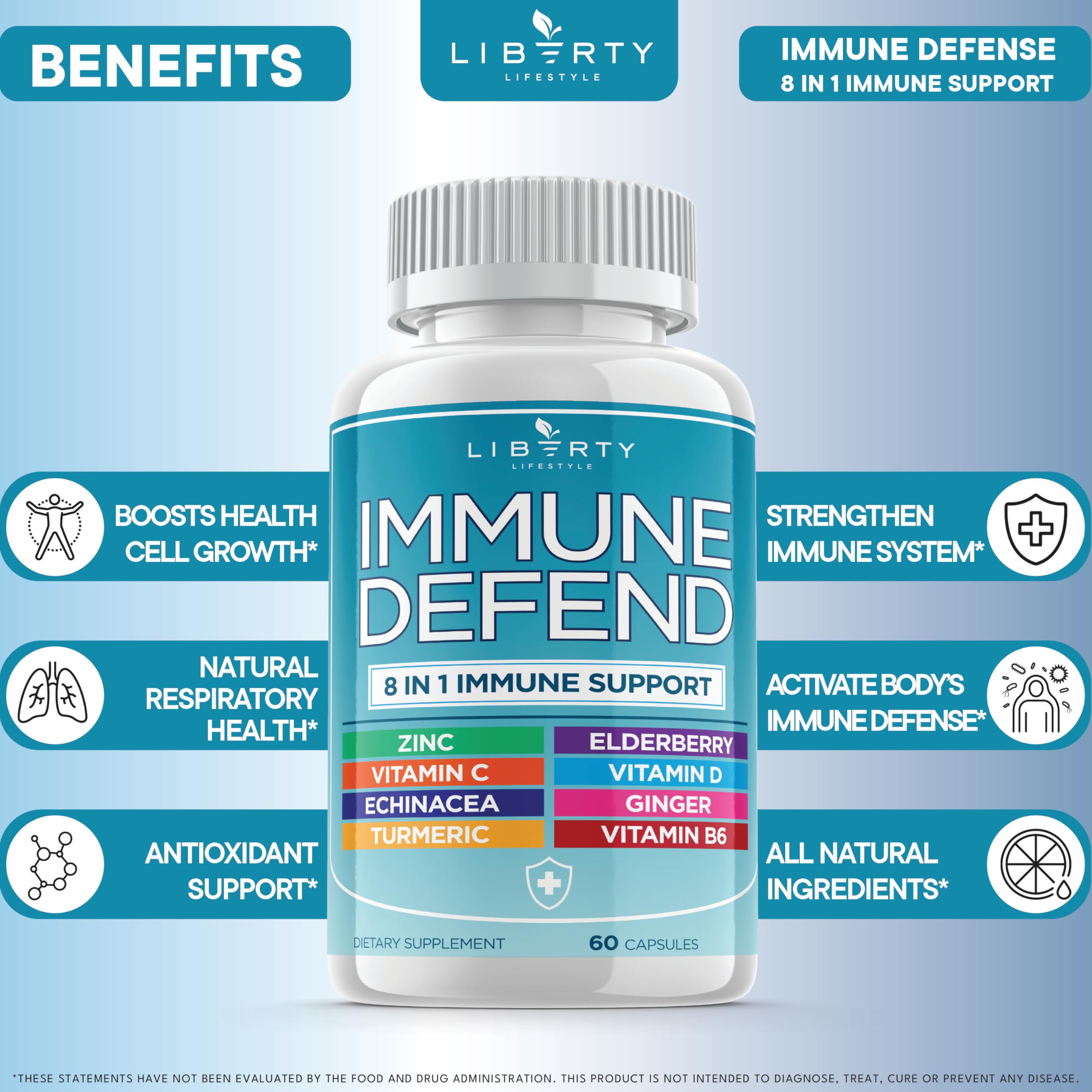 8 in 1 Immune Defense Support, Immunity Vitamins Supplement Booster Zinc 50mg, Vitamin C Elderberry VIT D3 5000 IU, Turmeric Curcumin & Ginger