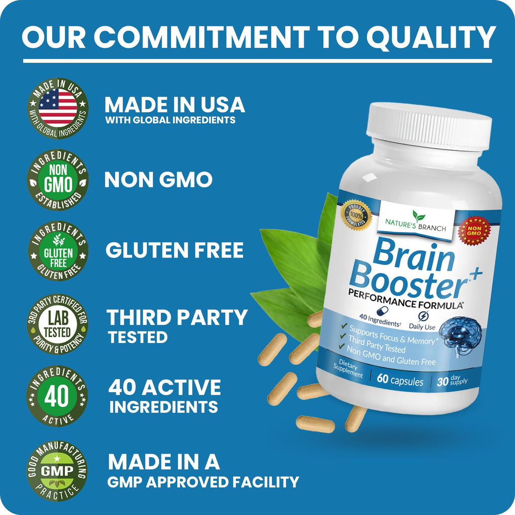 40-in-1 Brain Booster Supplement for Focus, Memory, Clarity, Energy | Advanced Vitamins Plus eBook | for Men & Women, Cognitive Function Nootropic Support with DMAE, Mind Health Formula | 60 Capsules NATURE'S BRANCH Au supplements