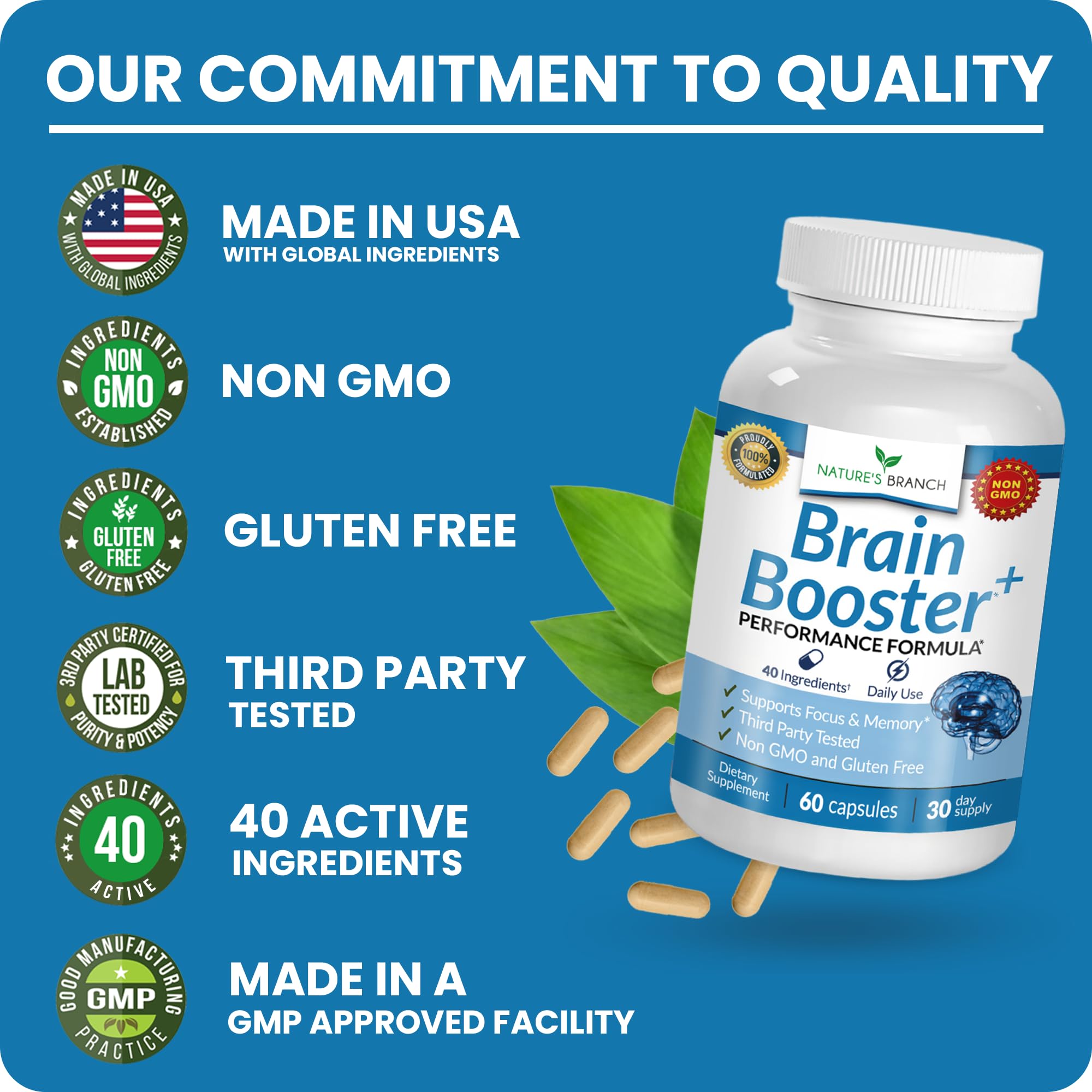 40-in-1 Brain Booster Supplement for Focus, Memory, Clarity, Energy | Advanced Vitamins Plus eBook | for Men & Women, Cognitive Function Nootropic Support with DMAE, Mind Health Formula | 60 Capsules NATURE'S BRANCH Au supplements