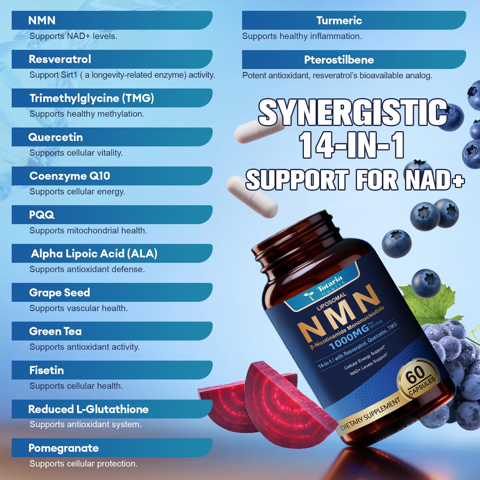 Totaria Liposomal NMN Supplement 1000mg, 14-in-1 NMN Resveratrol Complex with CoQ10, TMG, Quercetin, ALA, PQQ, Support NAD Levels, Cellular Energy & Healthy Aging, 60 Capsules, cGMP, Filler Free Totaria Au supplements