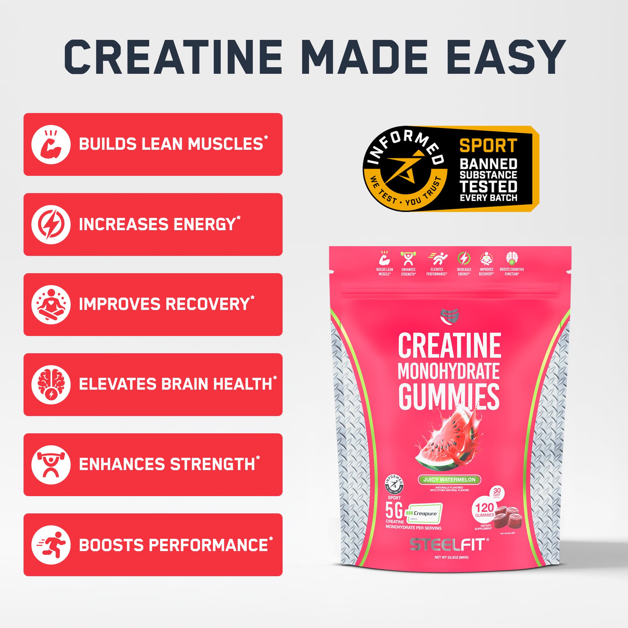 SteelFit Creapure Creatine Monohydrate Gummies for Men & Women, Juicy Watermelon - Gym Workout Nutritional Supplements for Muscle Gain, Brain Health & Strength Building Dietary Supplement, 120 Gummies SteelFit Au supplements