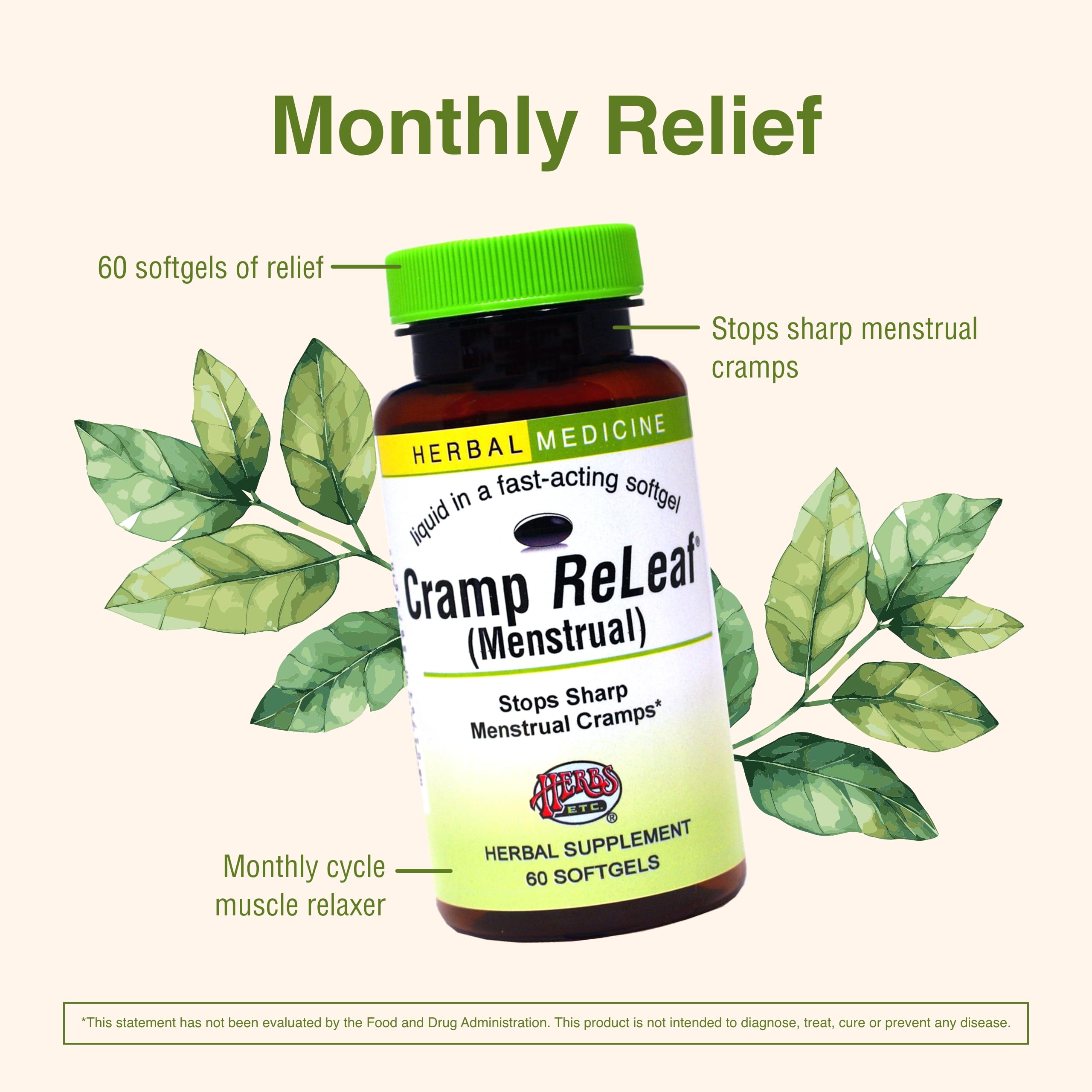 Herbs Etc. Cramp ReLeaf (Menstrual) - Abdominal Muscle Support - Herbal Supplement to Aid Menstrual Health - Period Cramp Support with Black Haw, Cramp Bark and Bethroot - 60 Softgels (60 Servings) Herbs Etc. Au supplements