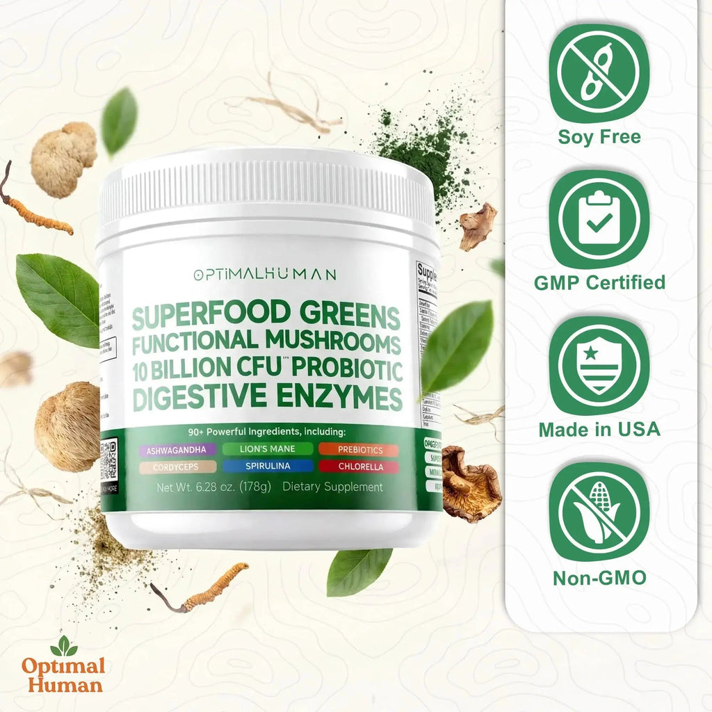 Optimal Human Superfood Greens Powder – 90+ Ingredient Blend with Lion’s Mane Supplement, Ashwagandha & Turmeric O H Au supplements