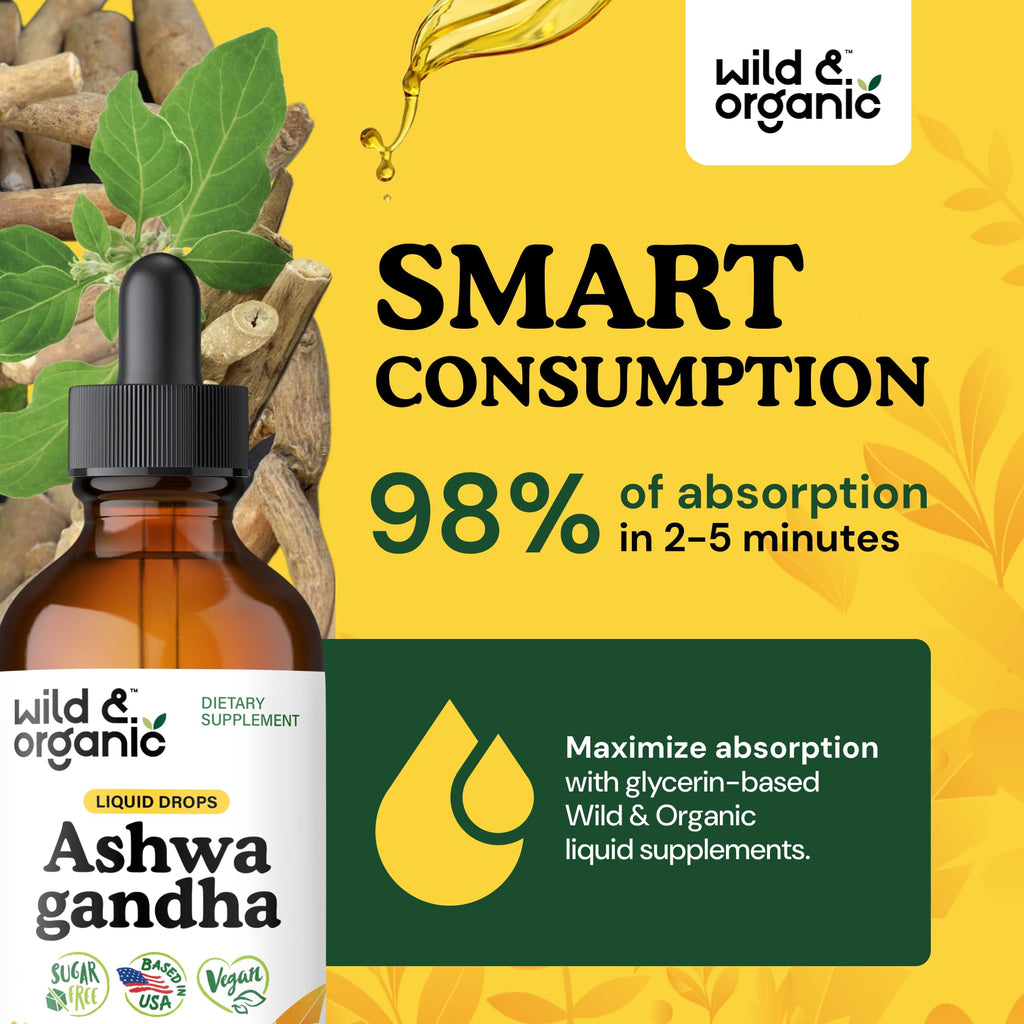 Wild & Organic Ashwagandha Drops - Mood Support & Positive Energy - 500 mg Ashwagandha for Women & Men - Add to Tea Liquid Extract for Relaxation - Non-GMO, Sugar & Alcohol-Free Tincture - 4 fl oz Wild & Organic Au supplements