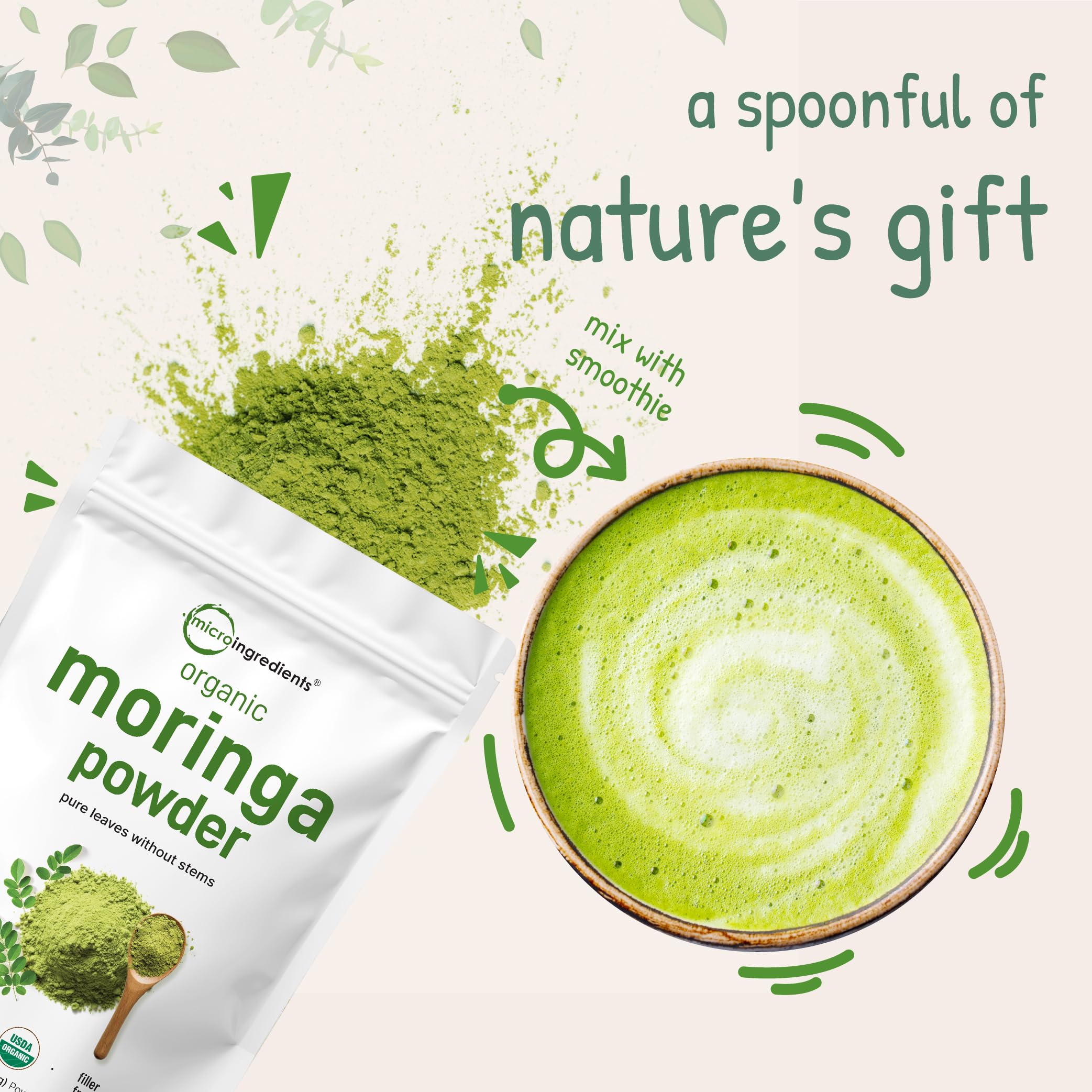 Micro Ingredients Organic Moringa Oleifera Leaf Powder, 2 Pound | Rich in Antioxidants & Immune Vitamins | Pure Leaves Without Stems |