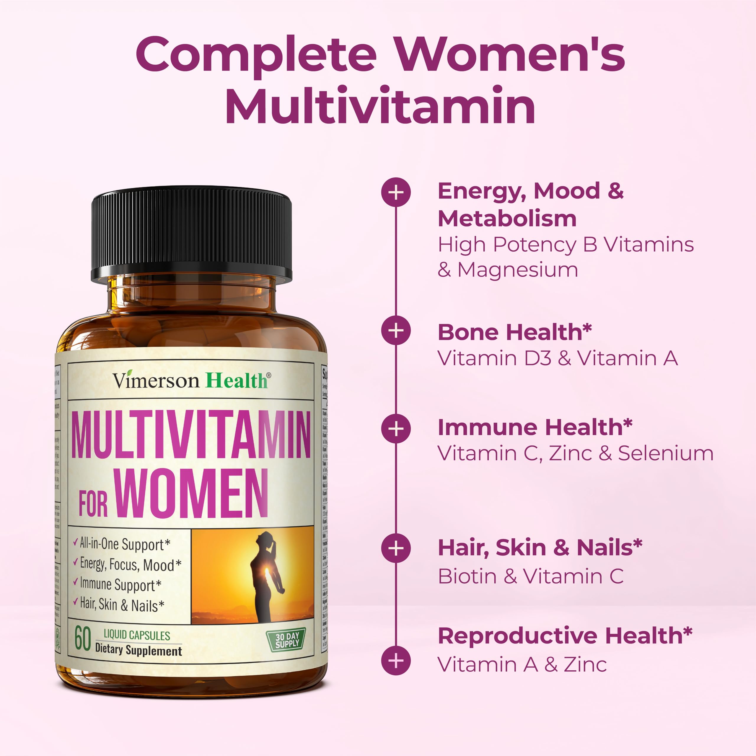 Multivitamin for Women with Bioavailable Vitamins, Minerals, Vitamin D, B12, C, A & Zinc for Energy, Focus and Immune Health – Premium Womens Multivitamins & Multiminerals – 60 Liquid Caps Vimerson Health Au supplements