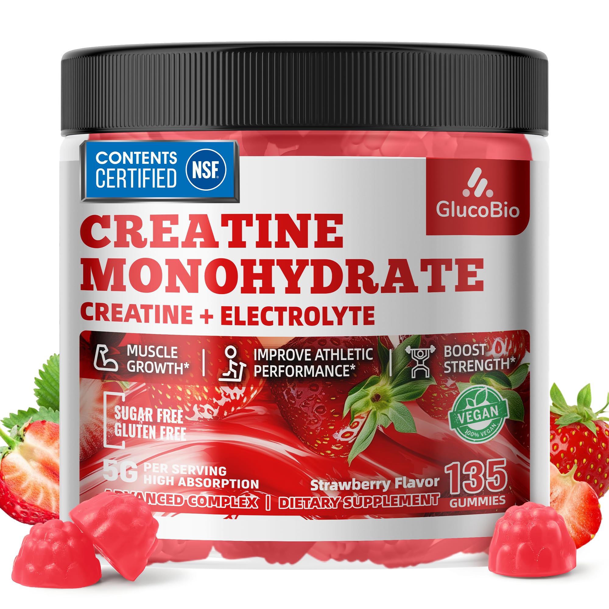 GlucoBio Creatine Monohydrate Gummies (5g) – Pre-Workout Energy & Muscle Growth Support for Men & Women