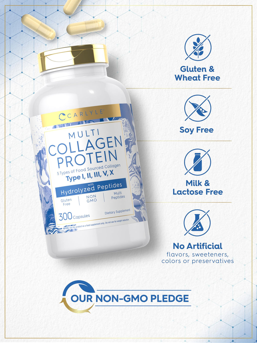 Carlyle Multi Collagen Protein Capsules 2000mg | 300 Count | Type I, II, III, V, X | Collagen Peptide Pills | Keto & Paleo Friendly