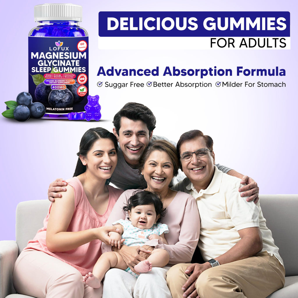 Lofux Magnesium Glycinate Gummies 400mg, Sugar Free Magnesium Gummies for Adults Women, Men, Chewable Supplement Gummy with L-Threonate, Vitamin D, B6, CoQ10