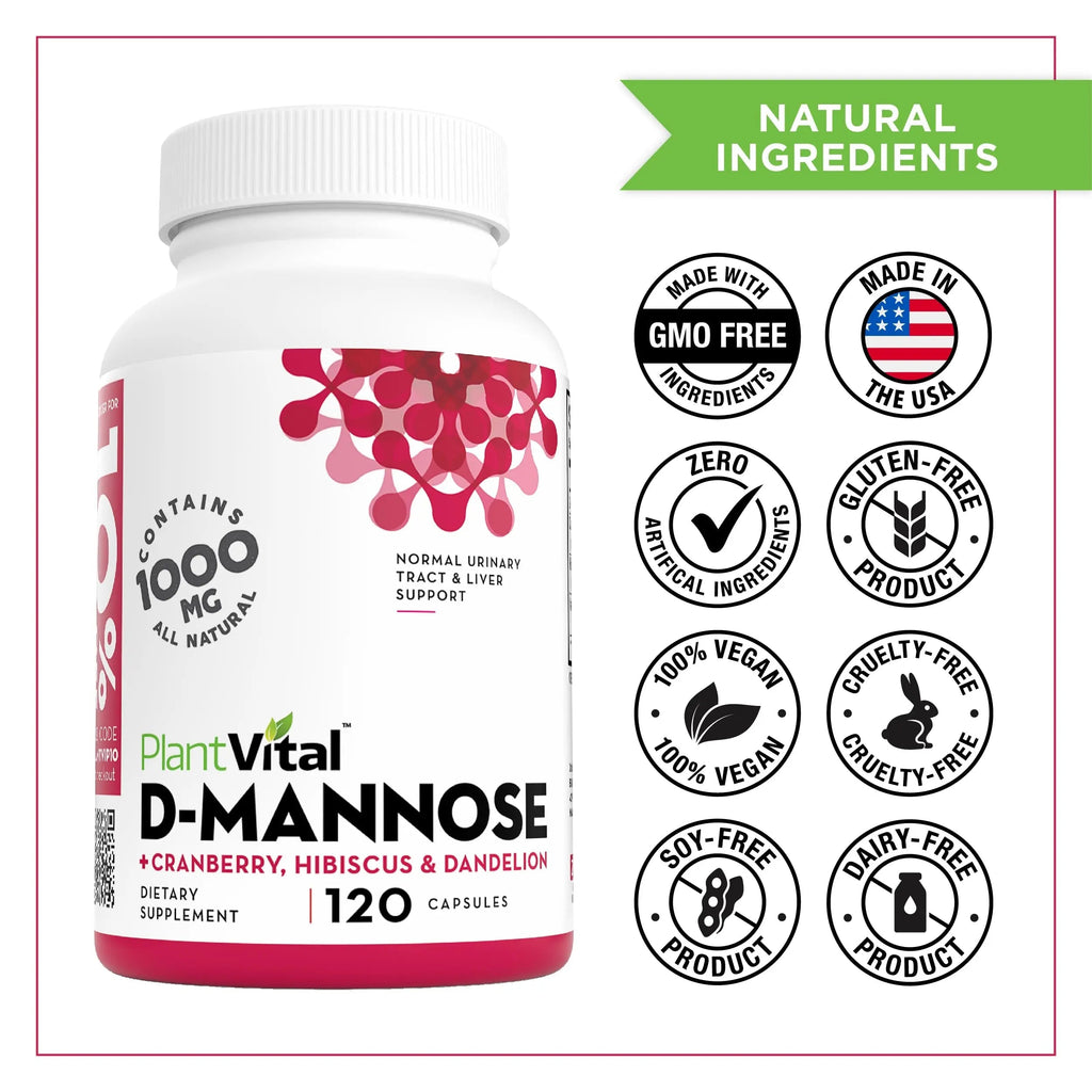 Plantvital D Mannose Capsules with Cranberry - D-mannose 1000mg Capsules - High Potency for Bladder, Kidney and Urinary Tract Support. Cranberry Powder with Hibiscus and Dandelion. 2 Months Supply Plantvital Au supplements