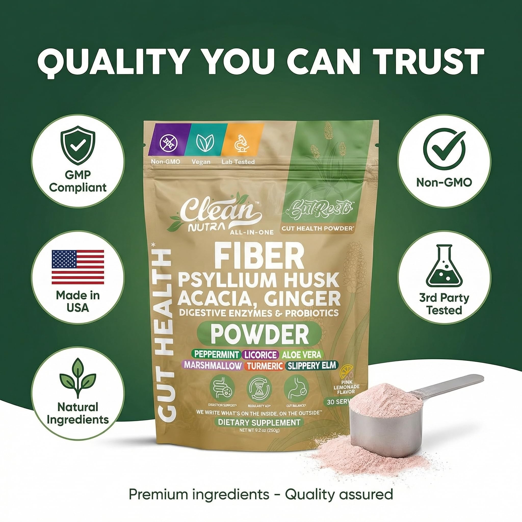 GutResto Fiber Supplement Psyllium Husk Powder Probiotic Gut Health Digestive Enzymes Prebiotic L-Glutamine Slippery Elm Aloe Vera Marshmallow Root Turmeric Ginger