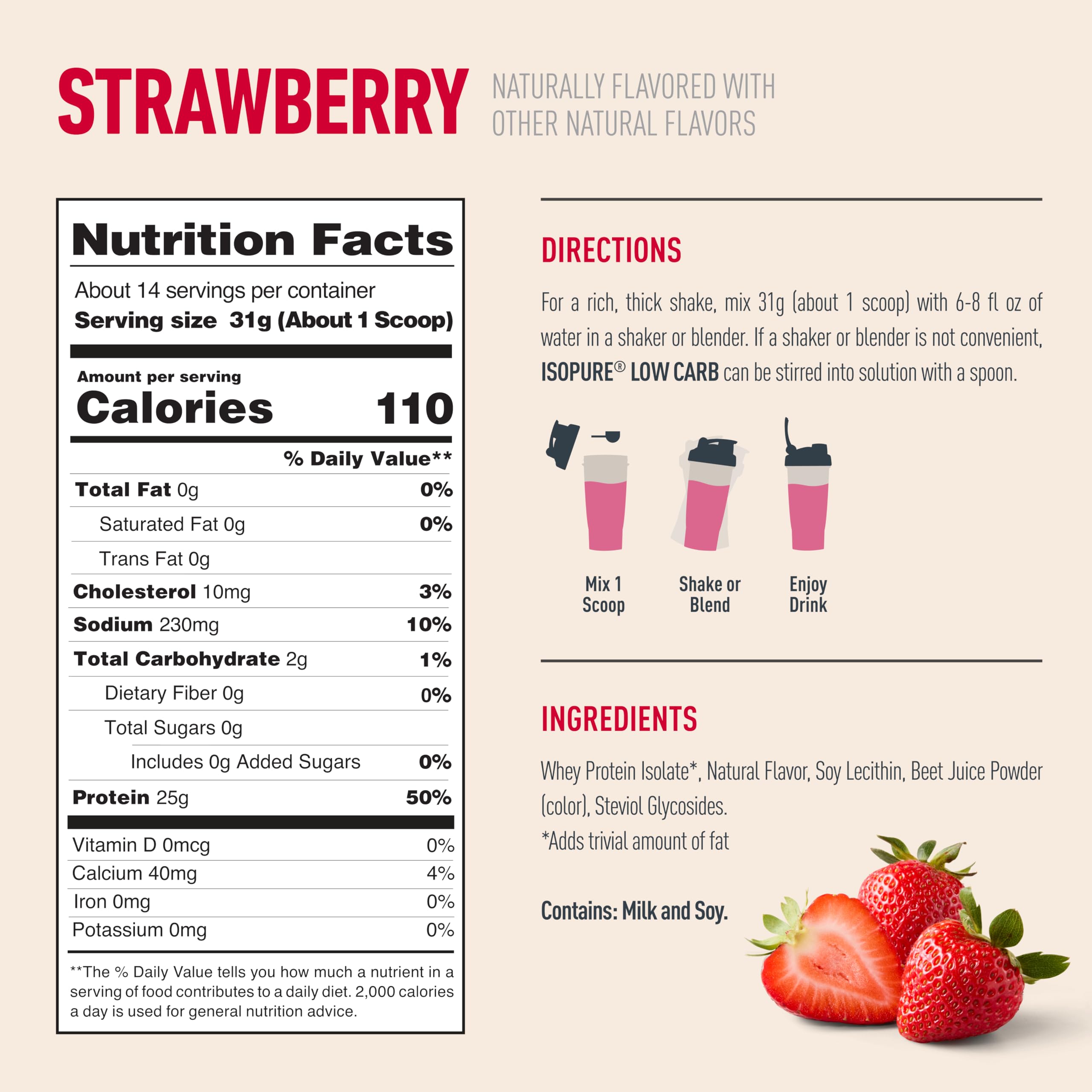 Isopure Low Carb 100% Pure Whey Isolate Protein Powder, Lactose Free, Gluten Free, With Vitamins, Strawberry, 25g Protein Per Serving, 1 Lb, 14 Servings (Packaging May Vary)