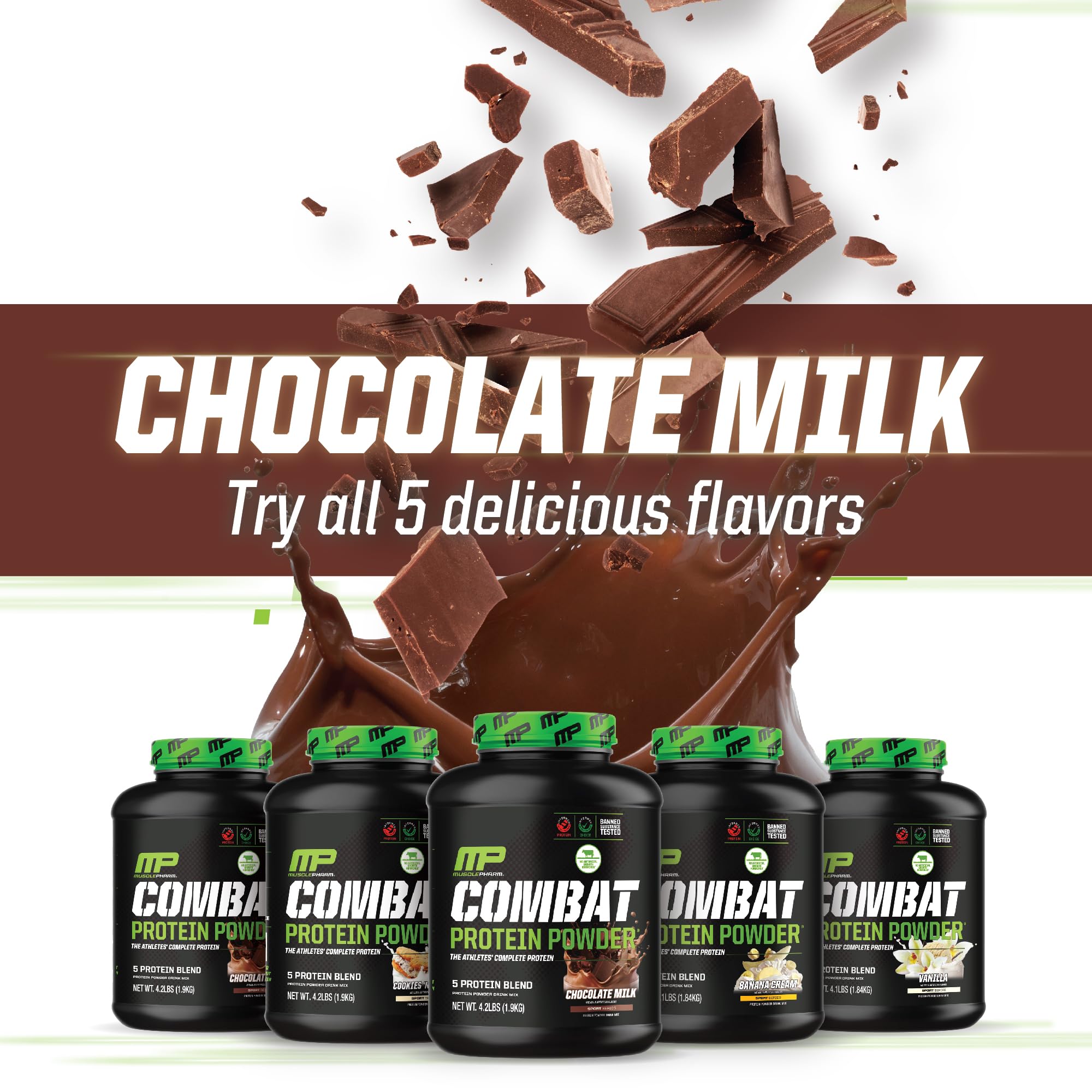MusclePharm Combat Protein Powder, Chocolate Milk Flavor, Fuels Muscles for Productive Workouts, 5 Protein Sources including Whey Protein Isolate & Egg Albumin, Gluten Free, 4.2 lb, 52 Servings