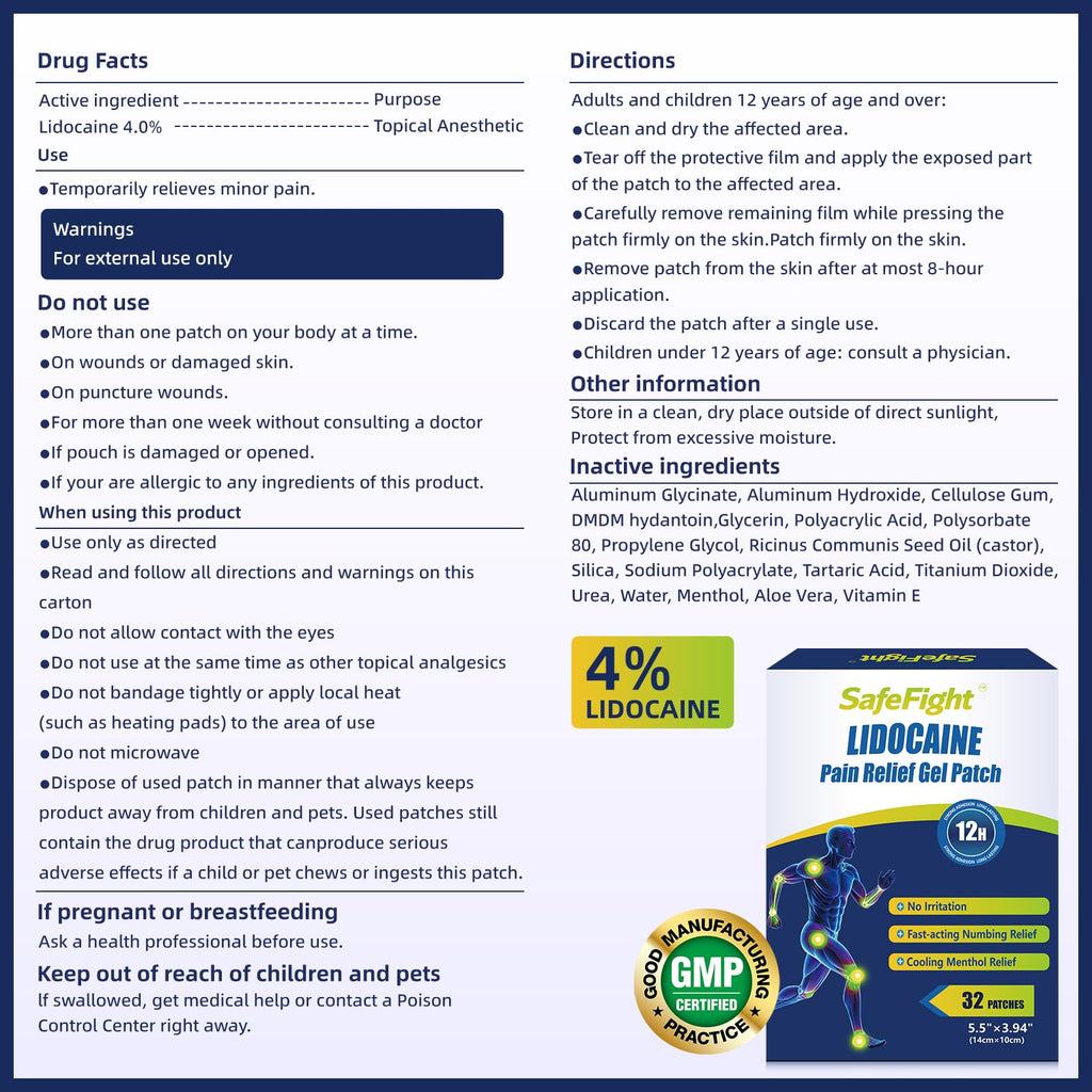 SafeFight 4% Lidocaine Pain Relief Patches 32 Count - Maximum Strength Relief for Back, Neck, Shoulder, Joint & Muscle Pain, Add Menthol, 12 Hour Long Lasting Relief Pains SafeFight Au supplements