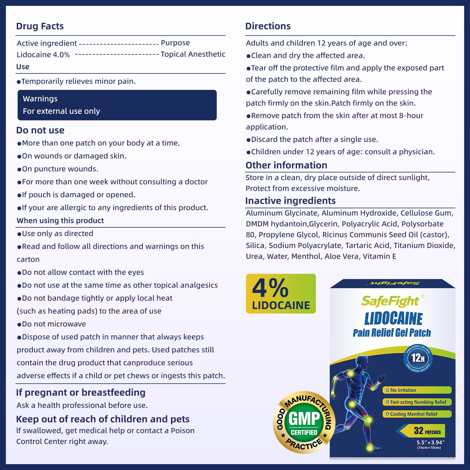 SafeFight 4% Lidocaine Pain Relief Patches 32 Count - Maximum Strength Relief for Back, Neck, Shoulder, Joint & Muscle Pain, Add Menthol, 12 Hour Long Lasting Relief Pains SafeFight Au supplements
