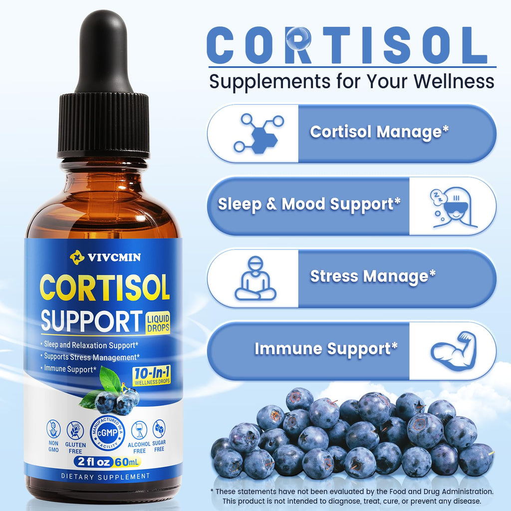 vivcmin 10 in 1 Cortisol Supplements for Women & Men, Cortisol Reducer with Ashwagandha, Magnesium, L-Theanine, Hormone Balance Drops - Sleep & Mood Support, 2 Fl Oz, Blueberry Flavor vivcmin Au supplements