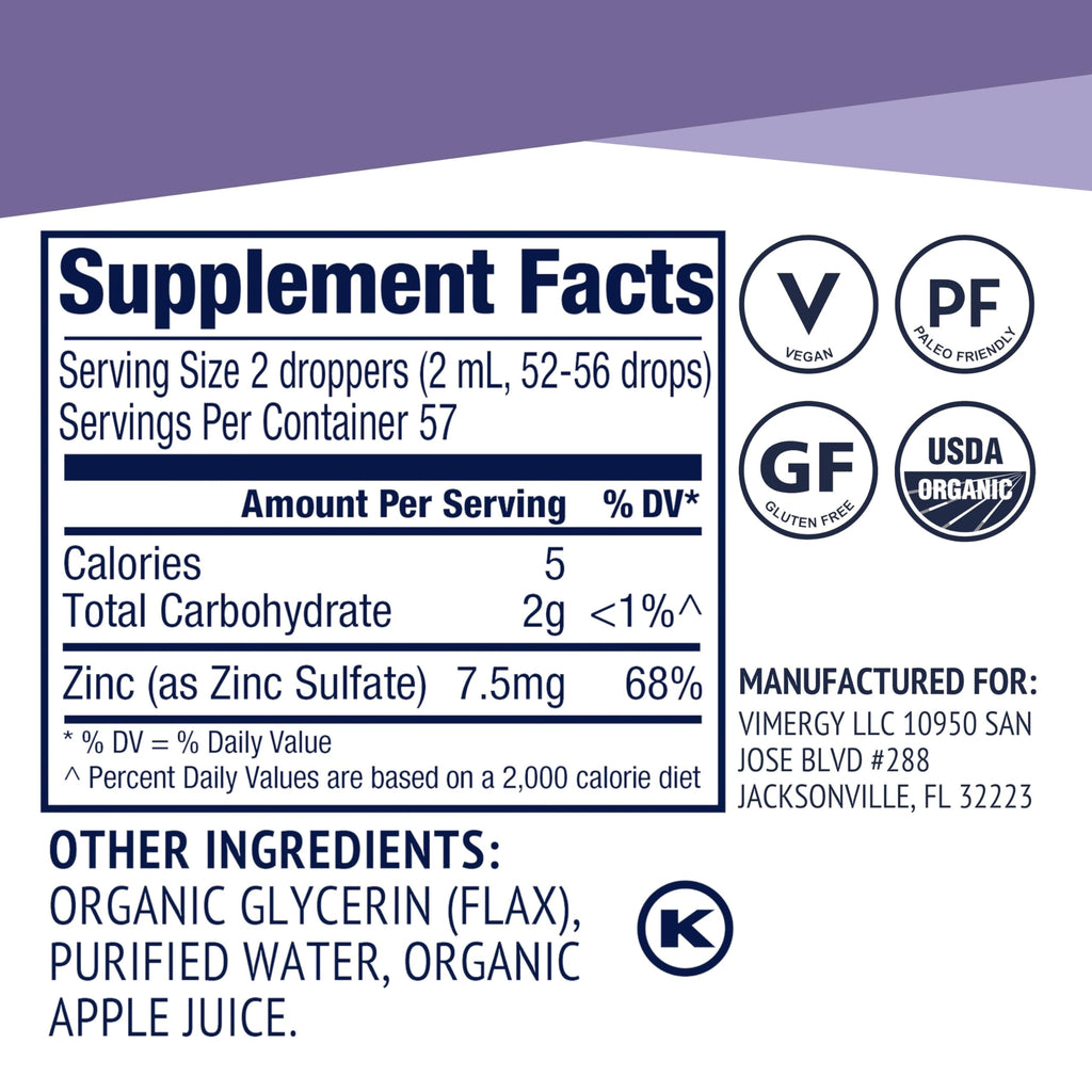 VIMERGY USDA Organic Zinc Supplements for Women & Men (7.5mg Liquid Zinc Per Serving) Fast-Absorbing Immune Support