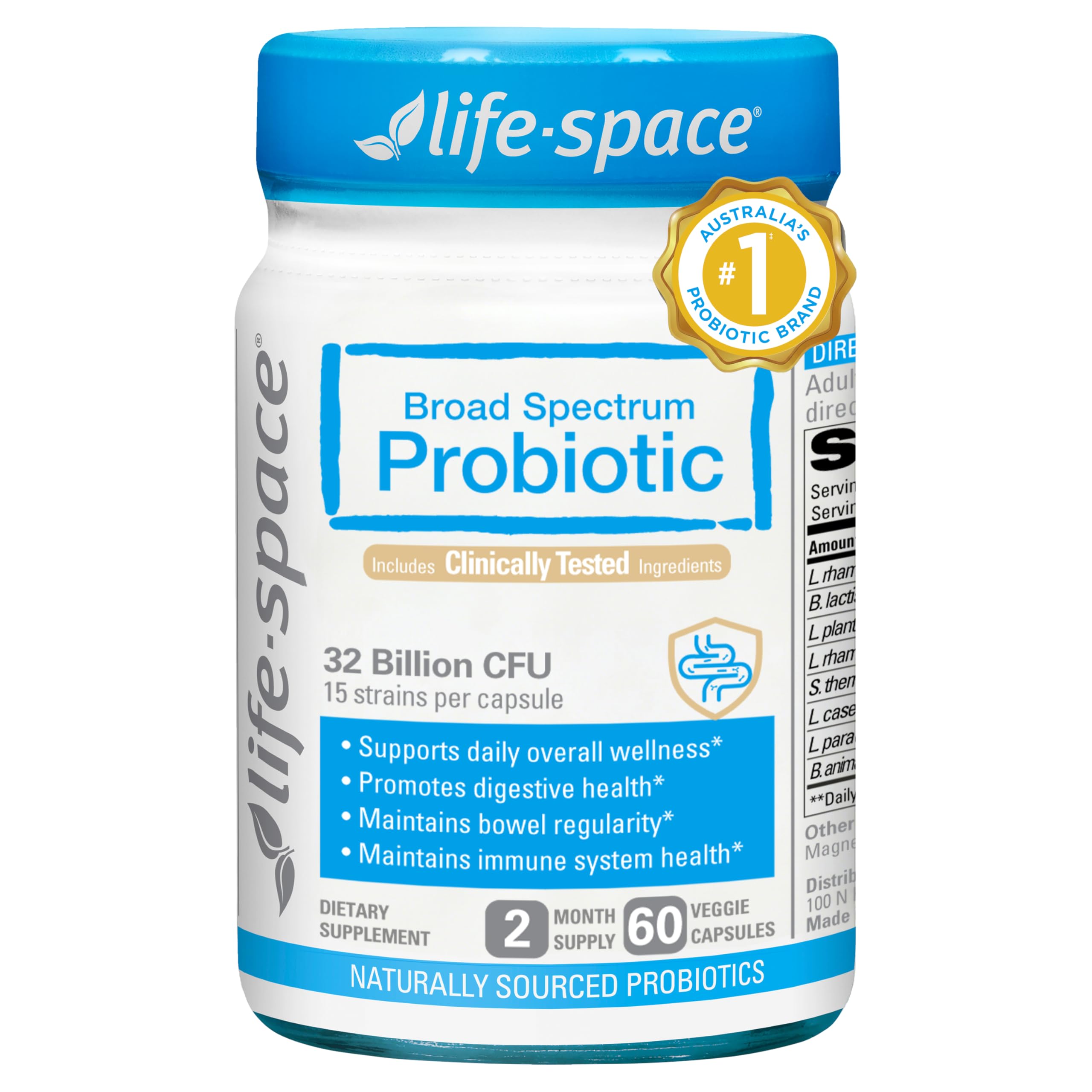 Life-Space Premium Broad Spectrum Probiotics, 2 Month Serving, 32 Billion CFU & 15 Diverse Strains, Formulated for Daily Digestive Health & Immune Health,