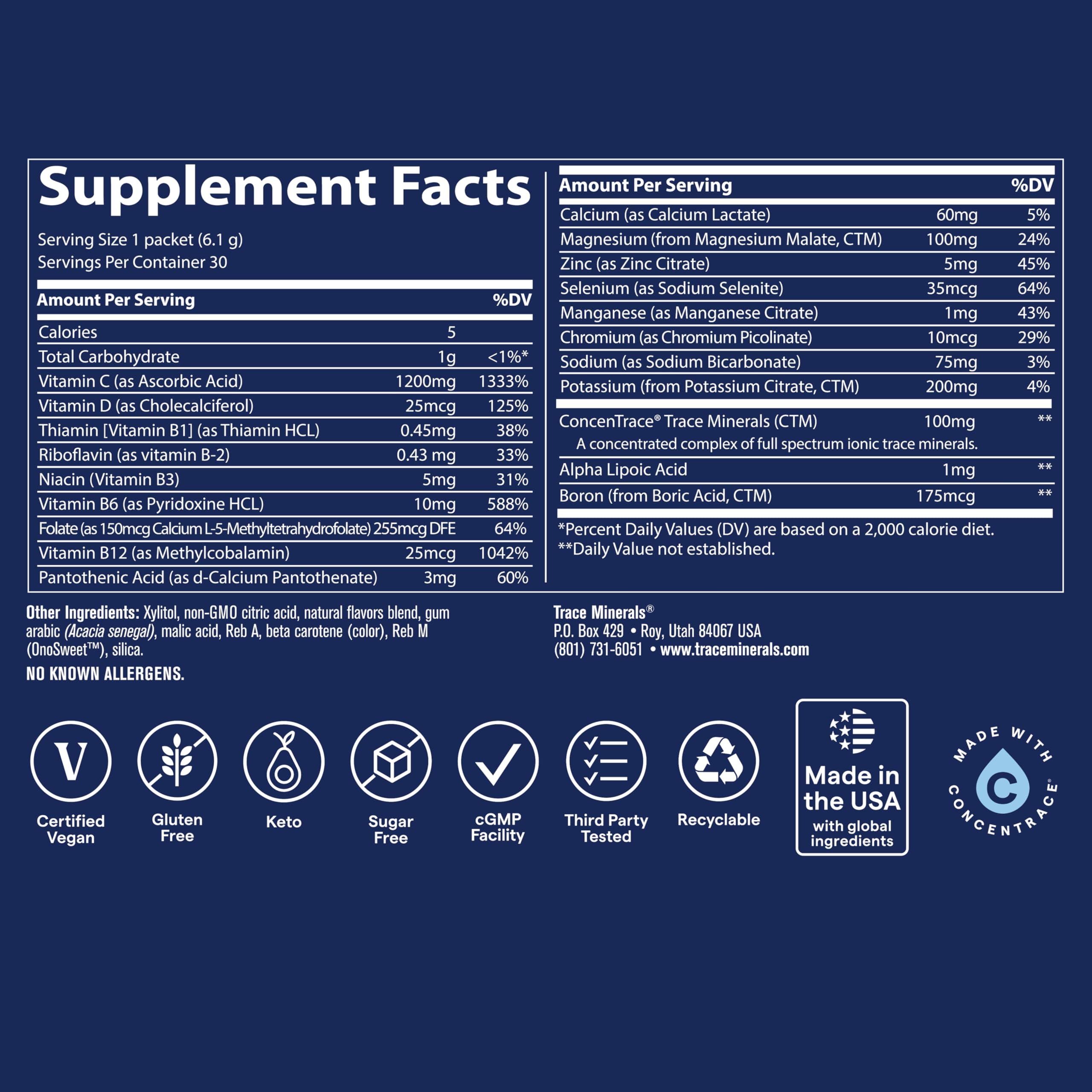 Trace Minerals Power Pak Multivitamin and Multimineral Packets - Electrolyte Support - 1200 mg Vitamin C plus 70+ Trace Minerals - Sugar Free - Orange Mango Flavor - 30 Packets Trace Minerals Au supplements