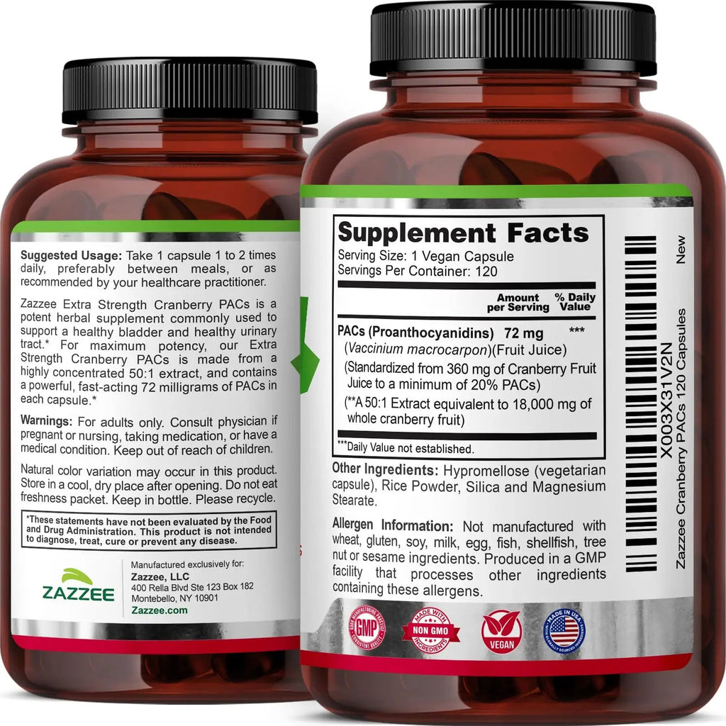 Zazzee Cranberry PACs, 72 mg PACs per Capsule, 2X Strength, 100% Soluble, 120 Vegan Capsules, 50:1 Extract, 18,200 mg Strength, Fast-Acting, Effective Urinary Tract Support, Made in The USA Zazzee Au supplements