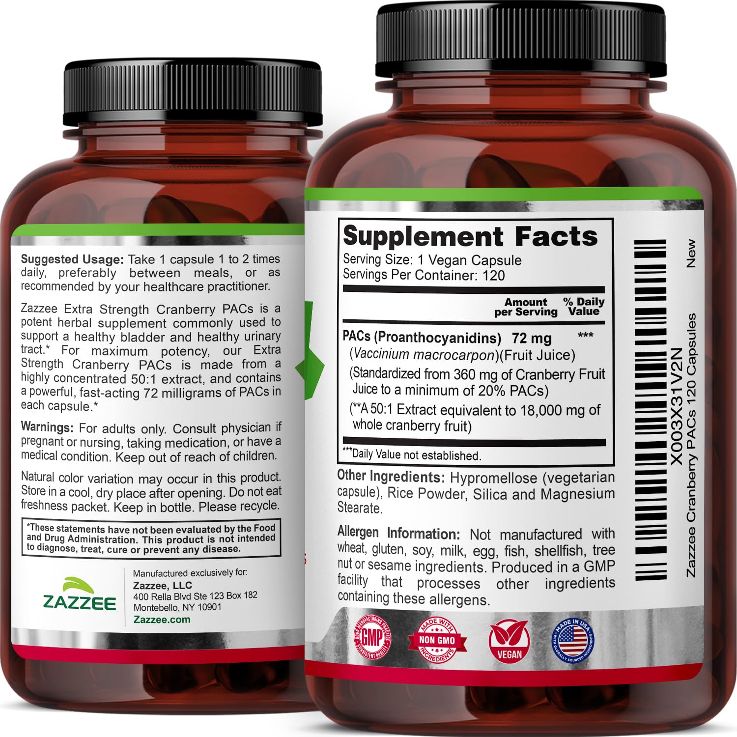 Zazzee Cranberry PACs 72 mg per Capsule, 50:1 Extract, 120 Vegan Capsules, 2X Strength, 4 Month Supply, Fast-Acting, Effective Urinary Tract & Bladder Support