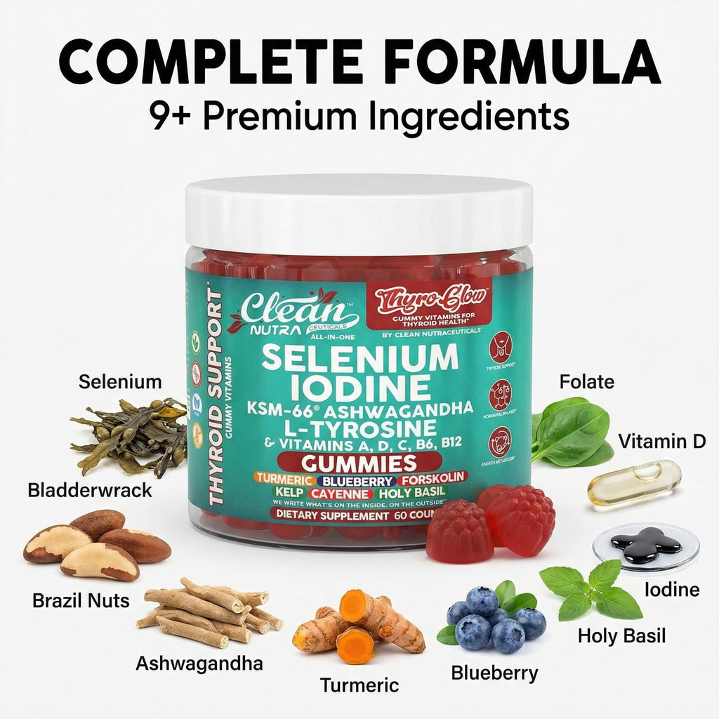 ThyroGlow Thyroid Support Gummies Selenium Iodine KSM 66 Ashwagandha L Tyrosine Vitamin D, C, B12, B6 Turmeric Blueberry Holy