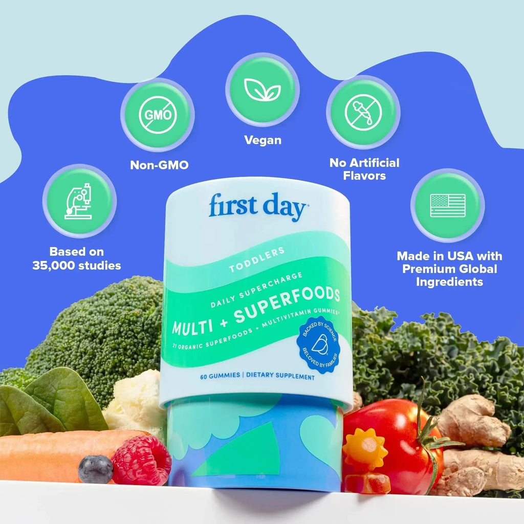 FIRST DAY Toddler Multivitamin Gummies (Ages 2-3)| Kids Multivitamin Gummies with Vitamins A C D3, B2, B12, Choline, Folate and 21 Organic Superfoods| (30 Day Supply) FIRST DAY Au supplements