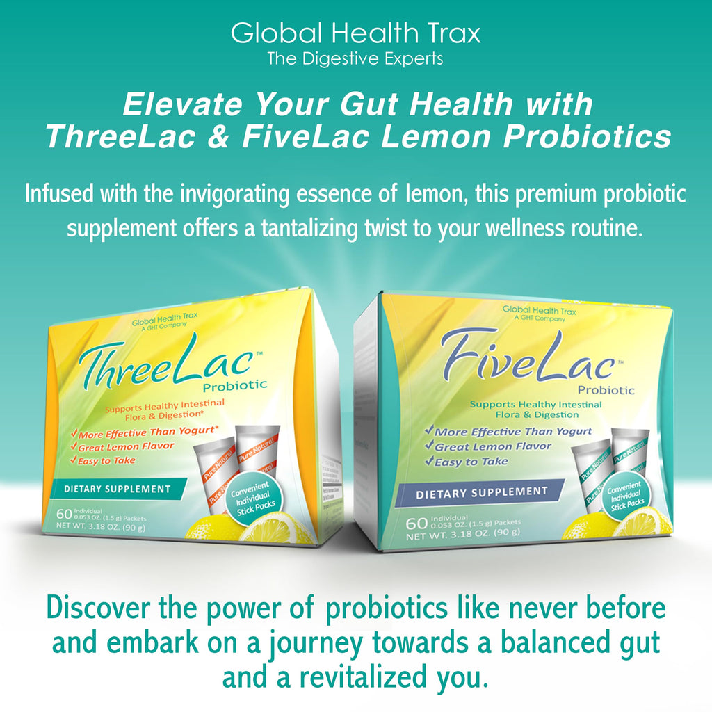 Global Health Trax GHT - FiveLac + Threelac Lemon Probiotic Powder Drink Mix, Probiotics for Women, Men, Kids, Smooth Digestive Support & Elimination, Relieves Constipation & Gas - 60 Packets, Non-GMO ght Global Health Trax Au supplements