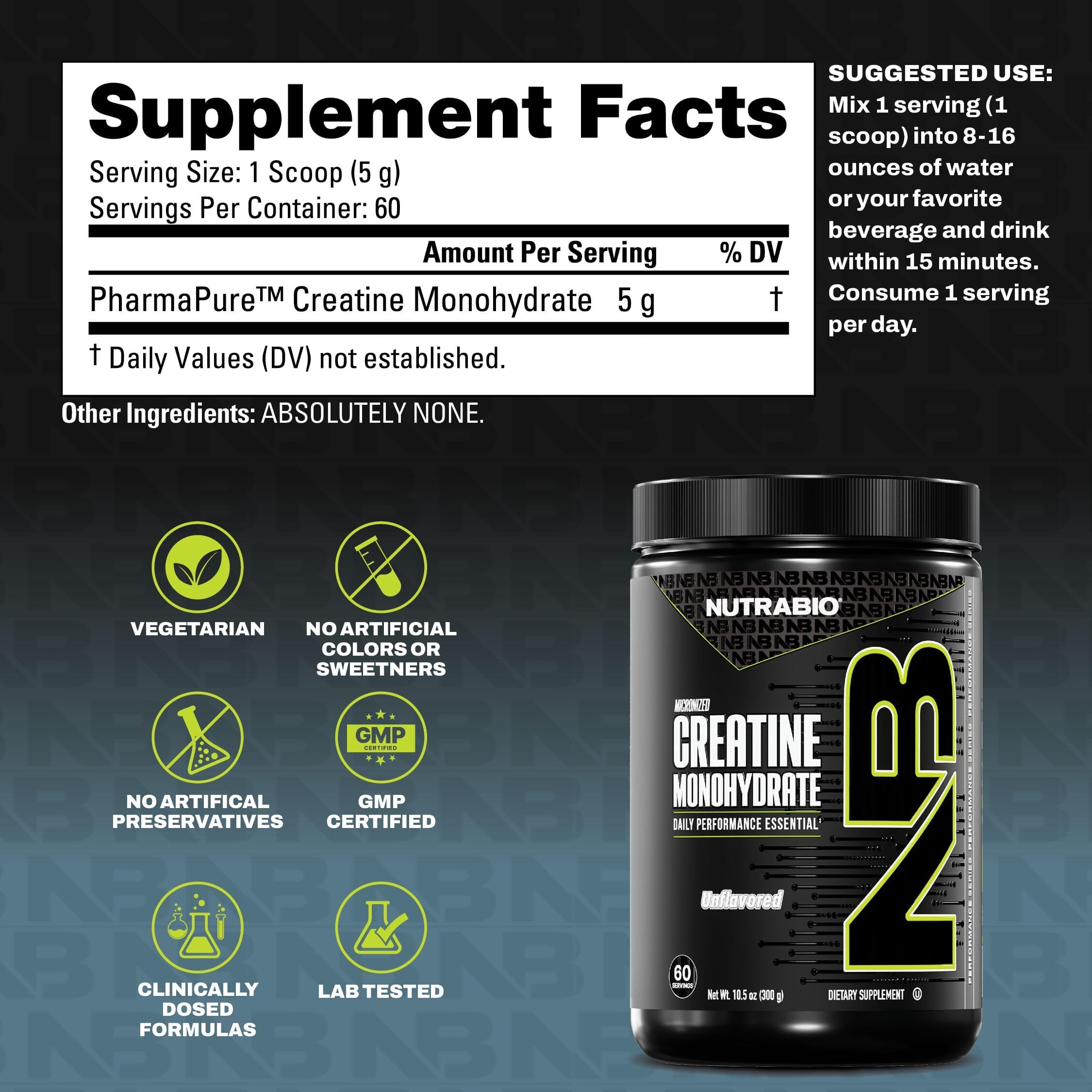NutraBio Pure Micronized Creatine Monohydrate Powder Supplement, Unflavored, (300 g) - Supports Bulk Muscle Energy, Recovery, and Strength - HPLC Tested Creatine