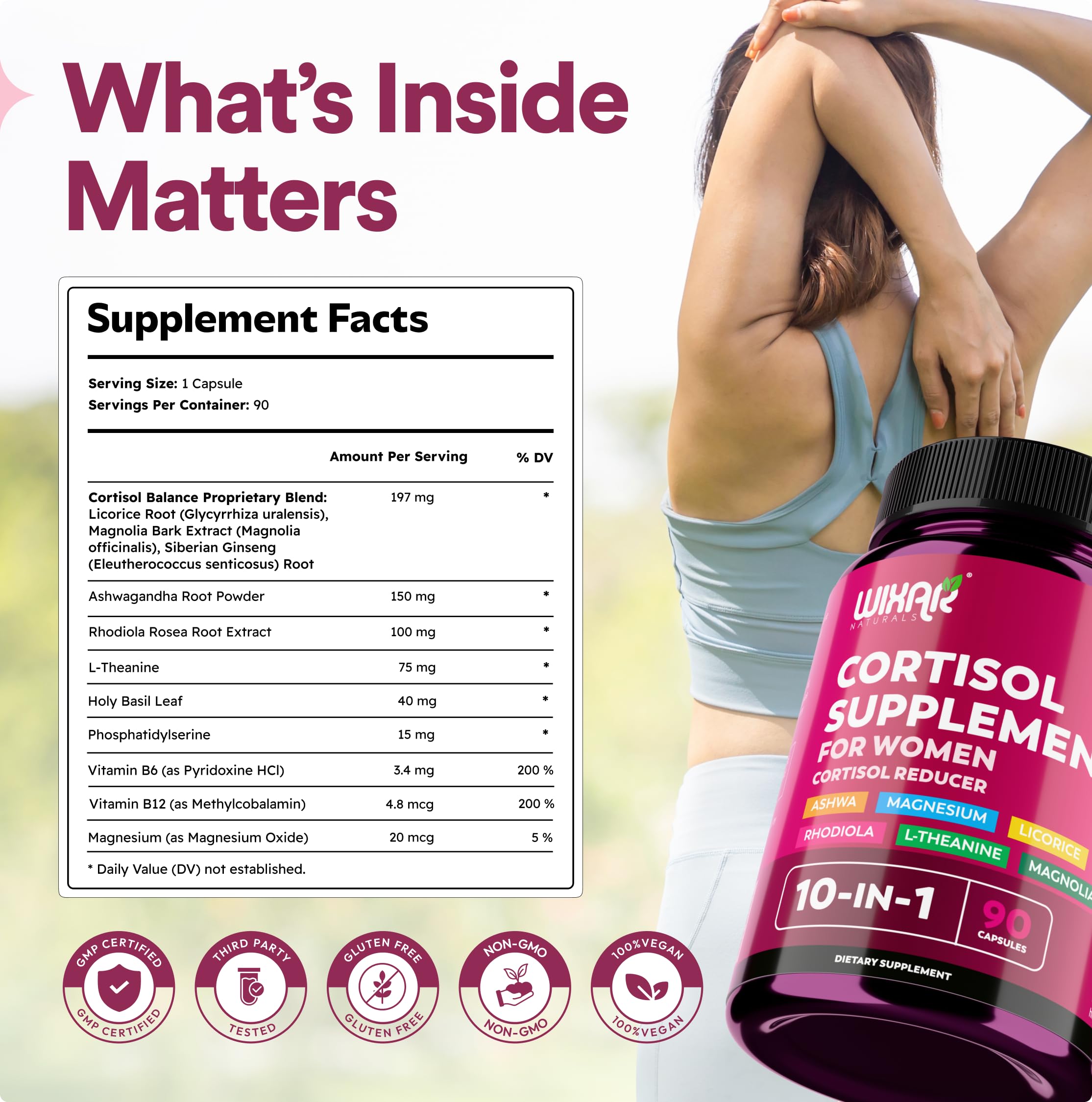 WIXAR Cortisol Supplements for Women with Ashwagandha, Magnesium, L-Theanine, Rhodiola Rosea - for High Cortisol Balanace Manager - for Sleep Support, Mood & Focus Supplement - 90 Capsules WIXAR NATURALS Au supplements