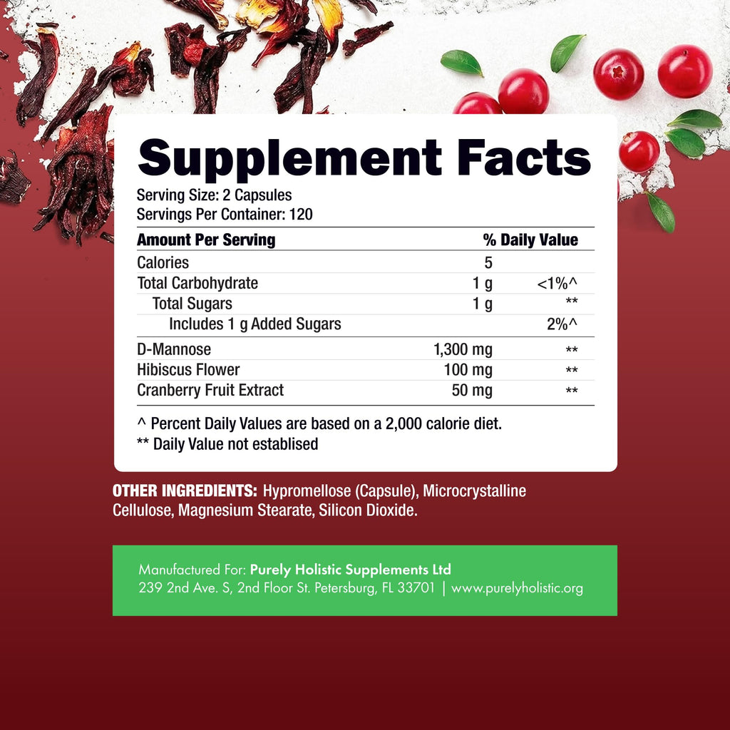 D Mannose with Cranberry | Drug-Free Urinary Tract Health Support | Evidence-Based DMannose 1300mg for Urinary & Bladder Health for Women | D Mannose Supplements for Women & Men | Non-GMO | 240 Ct Purely Holistic Au supplements