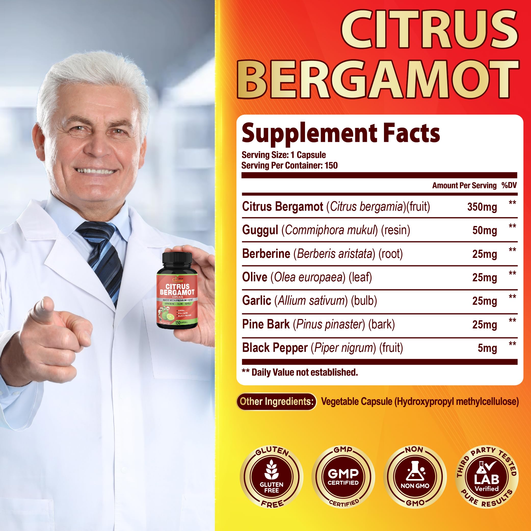 Cadane Citrus Bergamot Supplement Capsules with Berberine, Olive, Guggul, Garlic, Pine Bark, Black Pepper