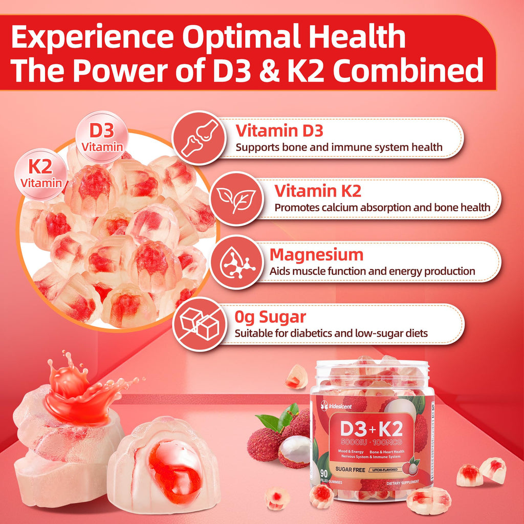 Vitamin D3 K2 Gummies w/Magnesium Sugar Free - 90 Count | D3 Vitamin 5,000 IU + K2(MK-7) 100 mcg - Vegan K2 D3 Vitamin Supplement, Highly Absorbent Supports Bone