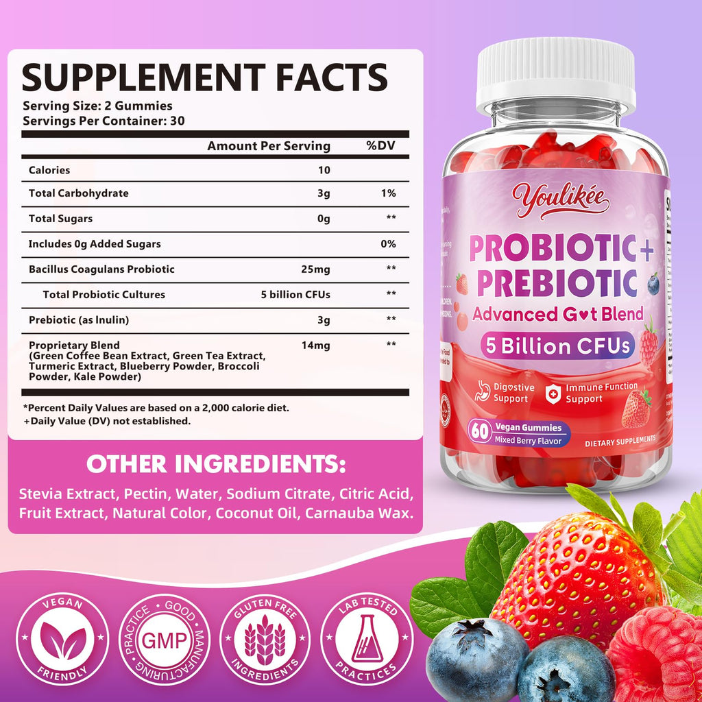 Youlikee 2 Pack Prebiotic + Probiotic Gummies for Women and Men, Probiotic Gummies Supports Gut Health, 5 Billion CFUs with Fibers,
