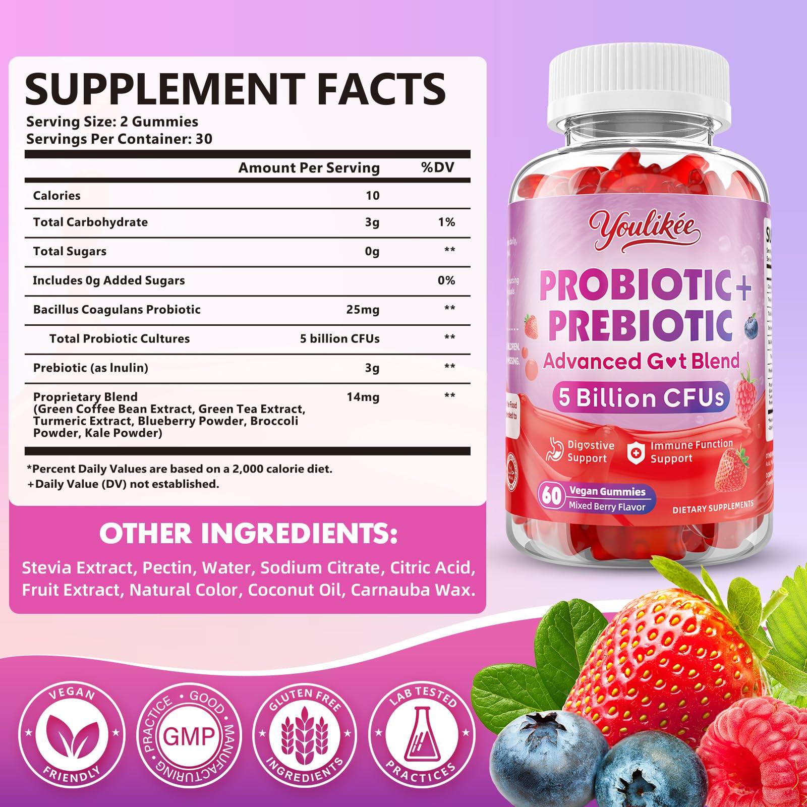 Youlikee 2 Pack Prebiotic + Probiotic Gummies for Women and Men, Probiotic Gummies Supports Gut Health, 5 Billion CFUs with Fibers,