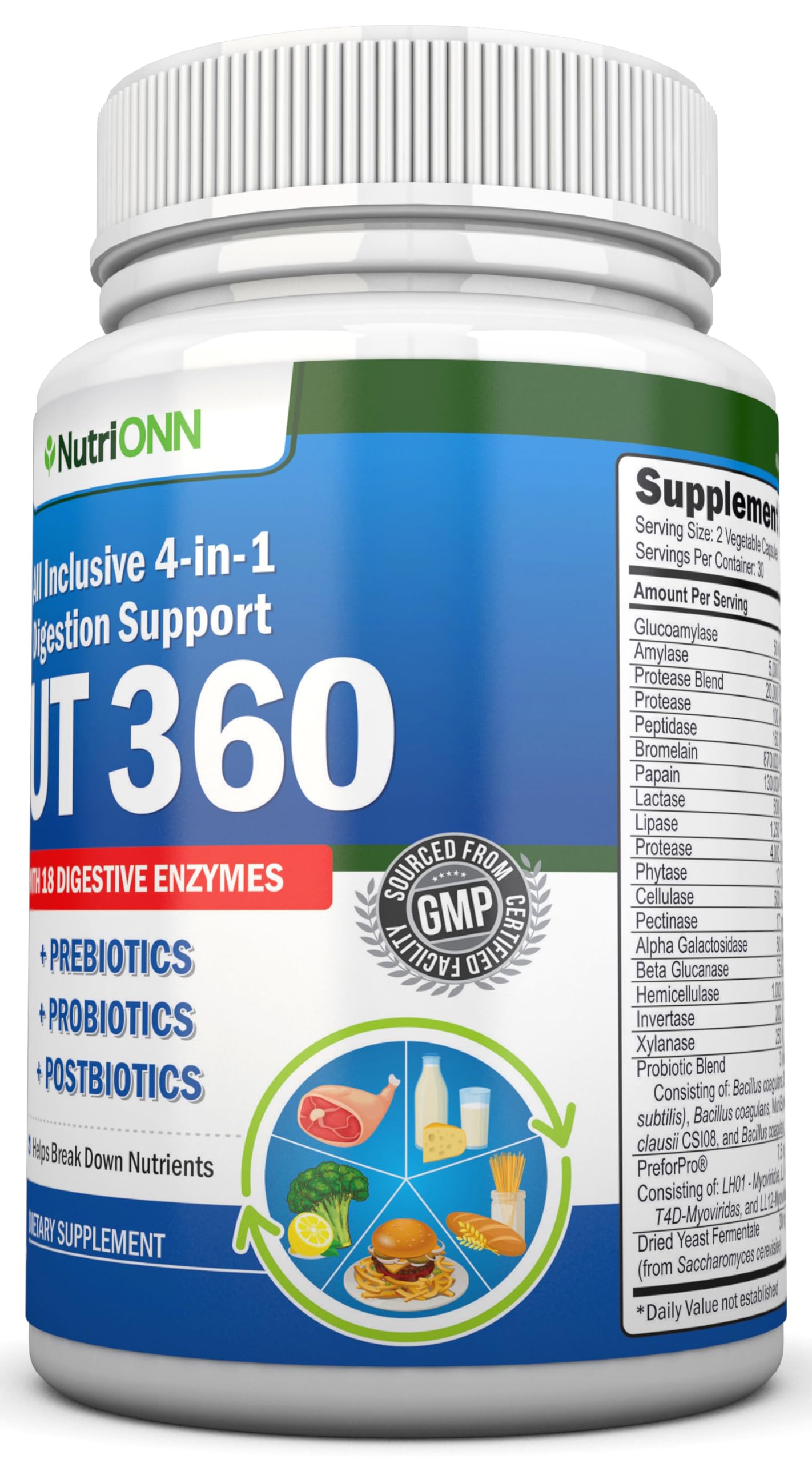4-in-1 Probiotics, Prebiotics & Postbiotics with 18 Digestive Enzymes for Women & Men - Complete Gut & Digestive Support Supplement