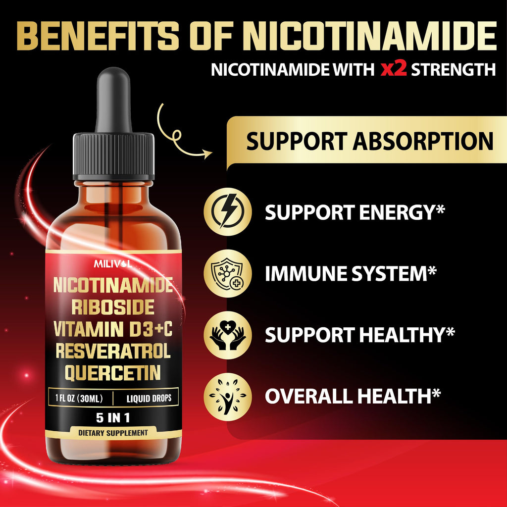 MILIVOL 5in1 NAD+ Liquid Drops w/Nicotinamide Riboside NR 900mg, Quercetin 500mg, Trans-resveratrol 500mg, Vitamin D3-C - Cellular Energy & Repair, Vitality, Healthy Aging - 1FL Oz - 1 Month Supply MILIVOL Au supplements