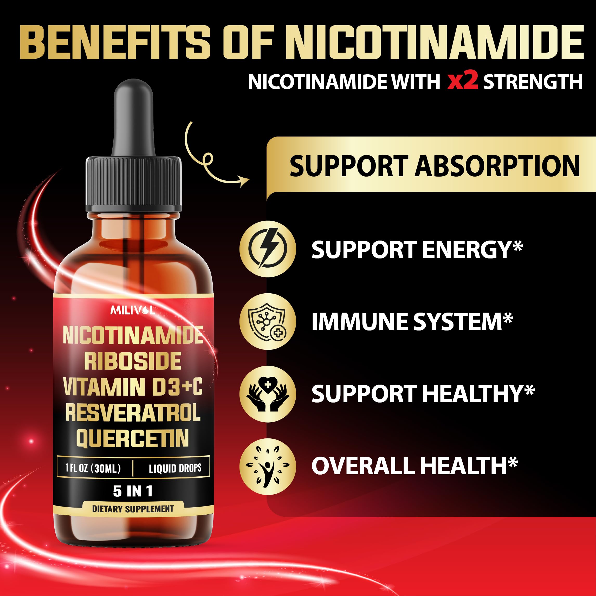 MILIVOL 5in1 NAD+ Liquid Drops w/Nicotinamide Riboside NR 900mg, Quercetin 500mg, Trans-resveratrol 500mg, Vitamin D3-C - Cellular Energy & Repair, Vitality, Healthy Aging - 1FL Oz - 1 Month Supply MILIVOL Au supplements