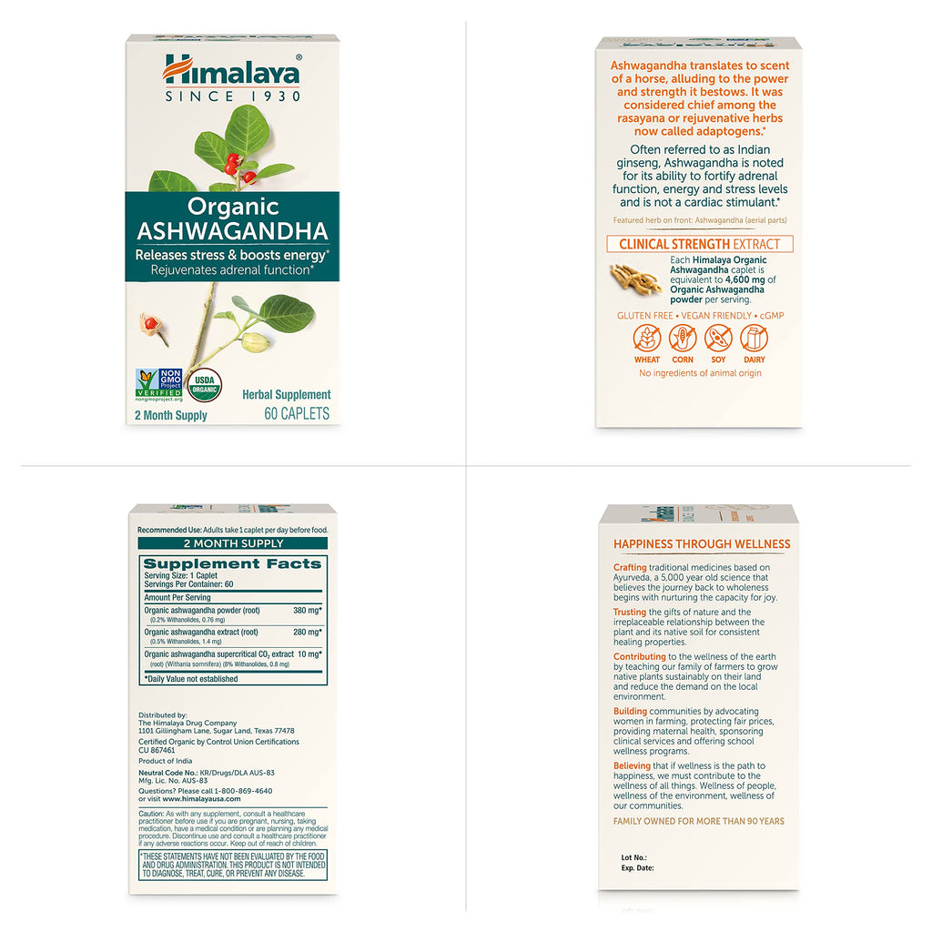 Himalaya Organic Ashwagandha Root, 120 Day Supply - Herbal Adrenal Support Supplements for Stress Relief and Energy Support - USDA Organic, Non-GMO, Vegan, Gluten Free, 60 Caplets, 2 Pack Himalaya Au supplements
