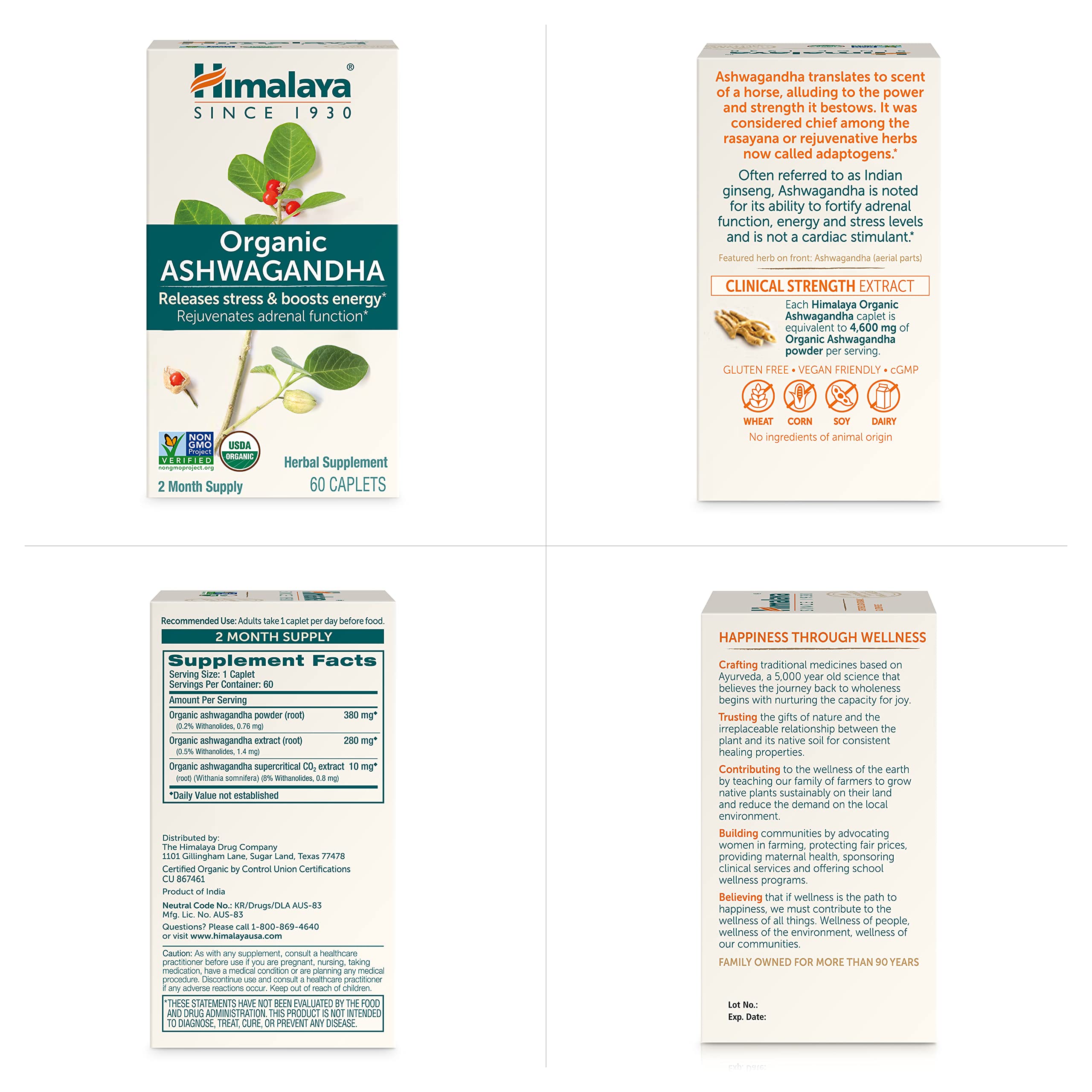 Himalaya Organic Ashwagandha Root, 120 Day Supply - Herbal Adrenal Support Supplements for Stress Relief and Energy Support - USDA Organic, Non-GMO, Vegan, Gluten Free, 60 Caplets, 2 Pack Himalaya Au supplements