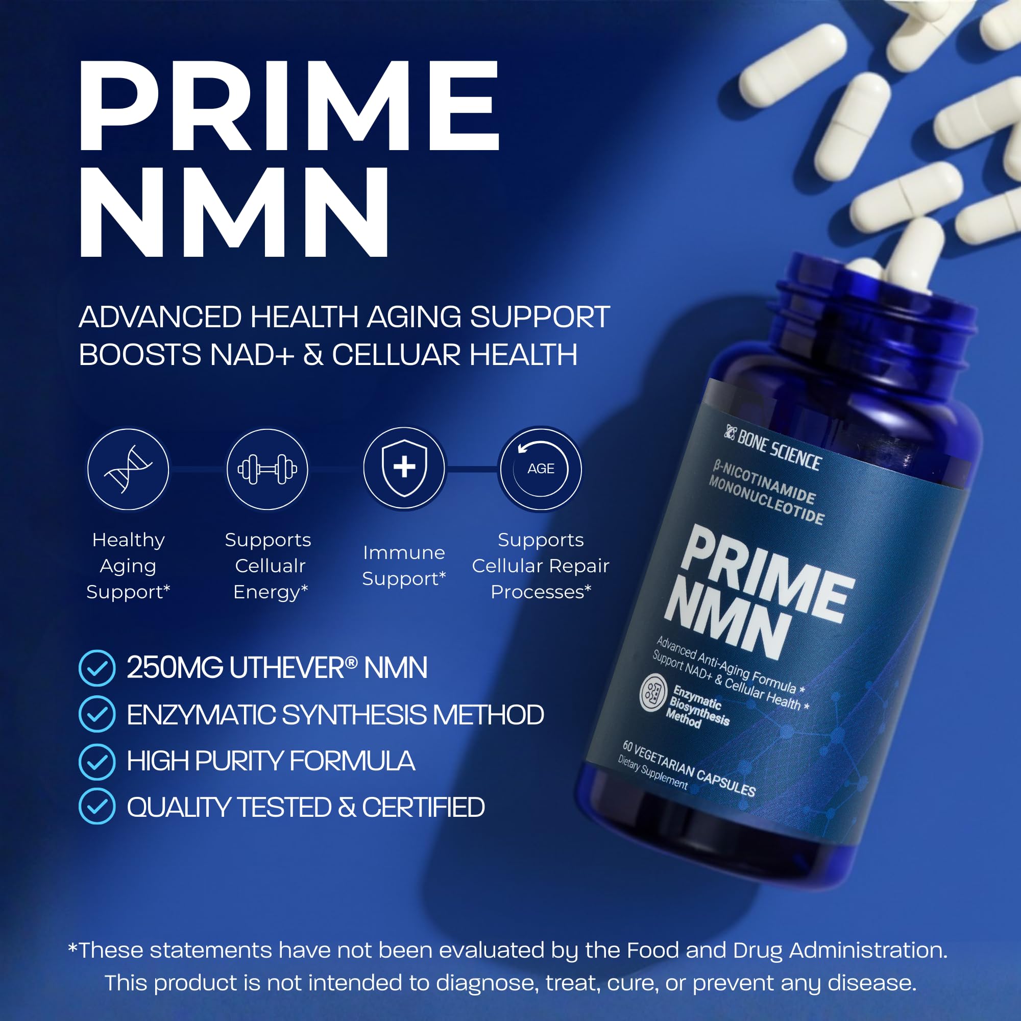 BONE SCIENCE Uthever NMN & Pterostilbene 6-in-1 Complex with Resveratrol, Glutathione & BioPerine - High Purity Stabilized NAD+ Precursor for Healthy Aging & Cellular Energy - 60 Vegetarian Capsules BONE SCIENCE Au supplements