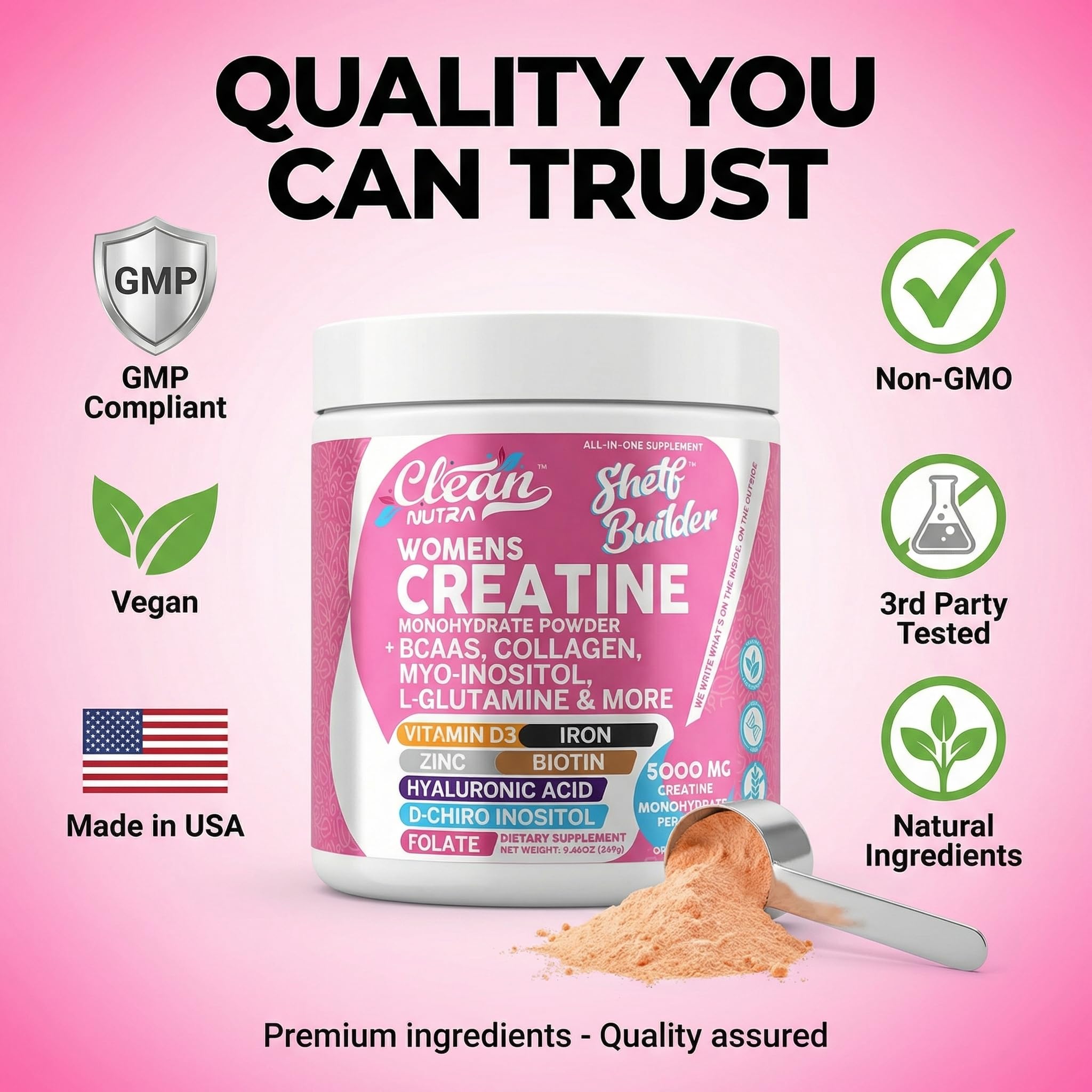 Creatine for Women | Creatine Monohydrate + Powder Myo-Inositol Collagen Biotin Hyaluronic Acid Folate L Glutamine Vitamin D3 Iron Zinc