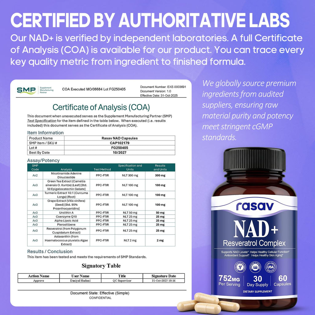 Rasav NAD Supplement 10-in-1 Extra Strength – NAD Resveratrol with CoQ10, Urolithin A, Green Tea Extract & ALA – NMN Supplement Alternative for Women & Men Rasav Au supplements