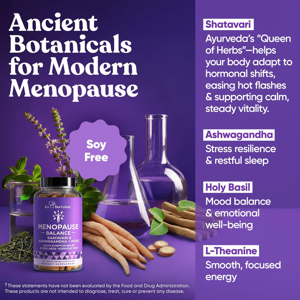 Premium Menopause Supplement for Women – Menopause Balance with Shatavari, Ashwagandha, L-Theanine & Holy Basil – Holistic Multi-Symptom Menopause Support & Hot Flash Relief – 60 Vegetarian Capsules Eu Natural Au supplements