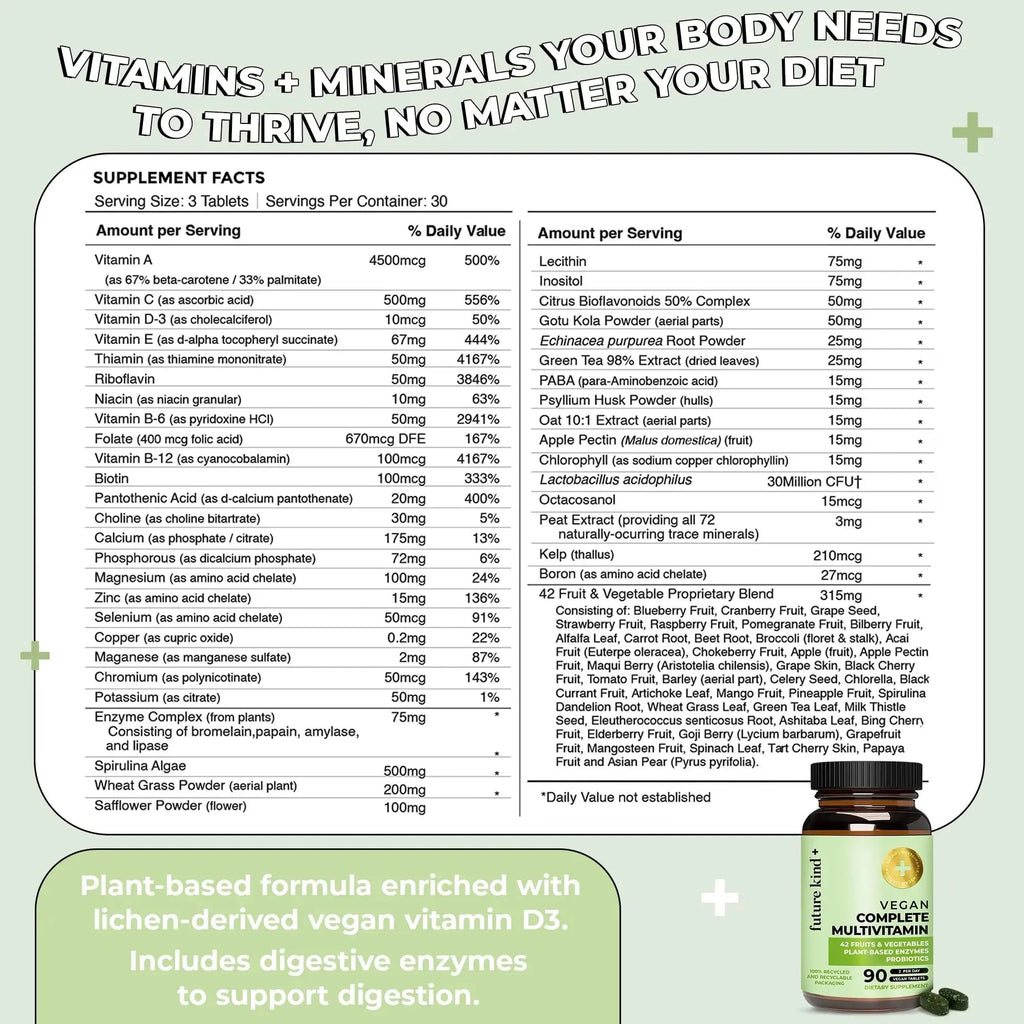 Future Kind Vegan Multivitamins Complete - 42-in-1 Vegan Multivitamins for Women & Men with Enzymes, B12, Zinc, & Probiotics Future Kind Au supplements
