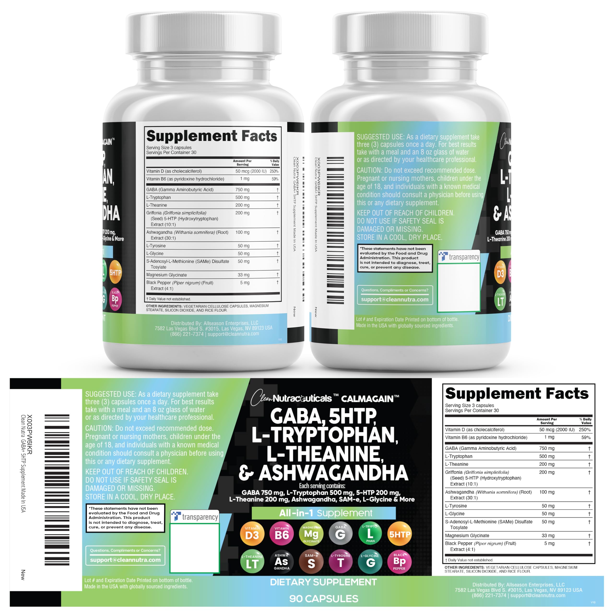 Clean Nutraceuticals GABA 750mg 5 HTP 200mg L Tryptophan 500mg L Theanine 200mg Ashwagandha SAM-e L-Glycine - Mood Support Vitamins for Women and Men with L-Tyrosine 5-HTP