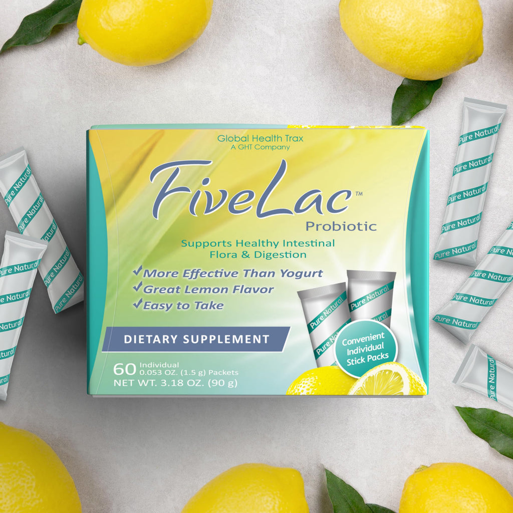 Global Health Trax GHT - FiveLac Lemon Probiotic Powder Drink Mix, Probiotics for Women, Men & Kids - Smooth Digestive Support & Elimination - Relieves Constipation & Gas - 60 Packets (2 Pack) Non-GMO ght Global Health Trax Au supplements